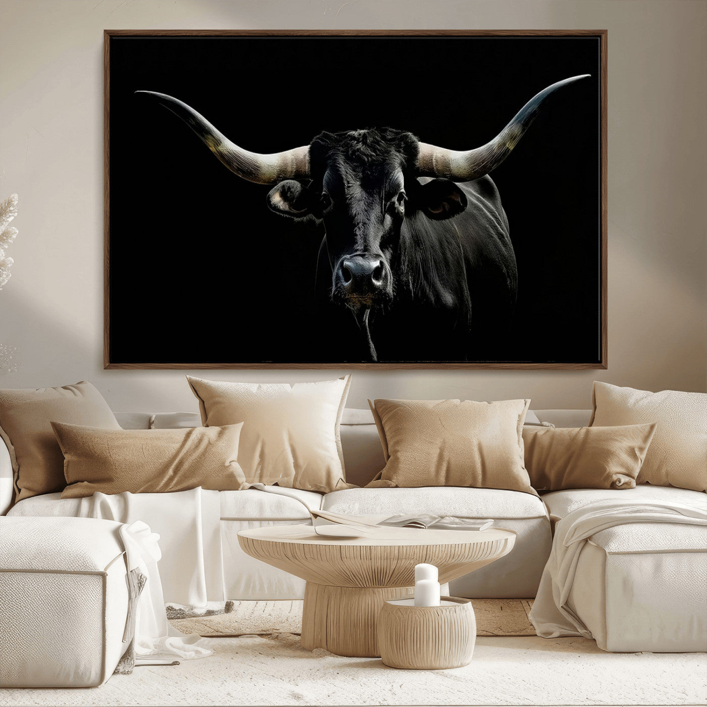 37531960-MGV-CV-36X24-Black Longhorn Bull Wall Art – Dramatic Western Cattle Canvas Print, Rustic Farmhouse Animal Artwork for Living Room, Bedroom,