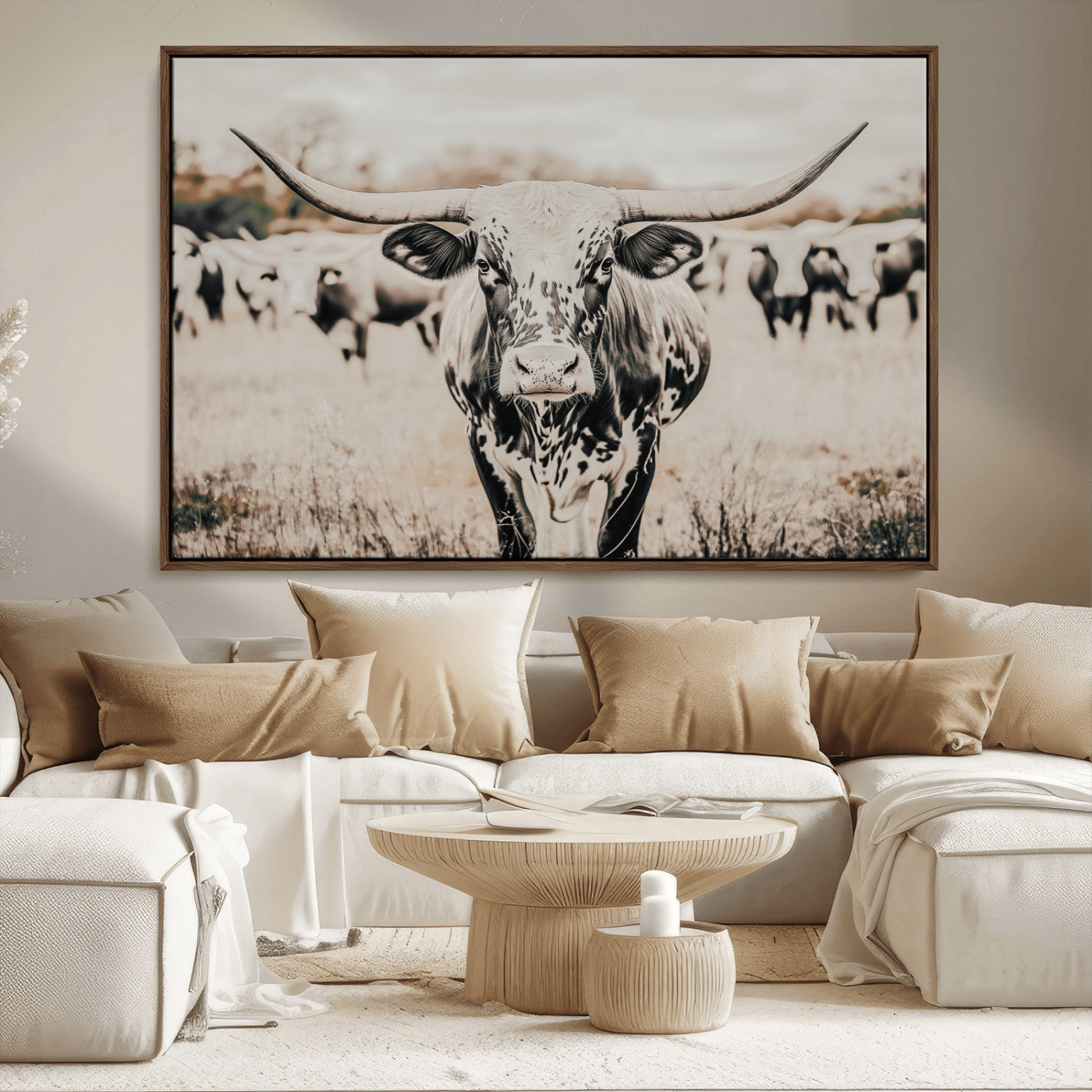 27497342-MGV-CV-36X24-Texas Longhorn Wall Art Canvas Print, Framed Speckled Cow Art Picture Print, Horned Cattle Perfect Rustic Western Decor Artwork
