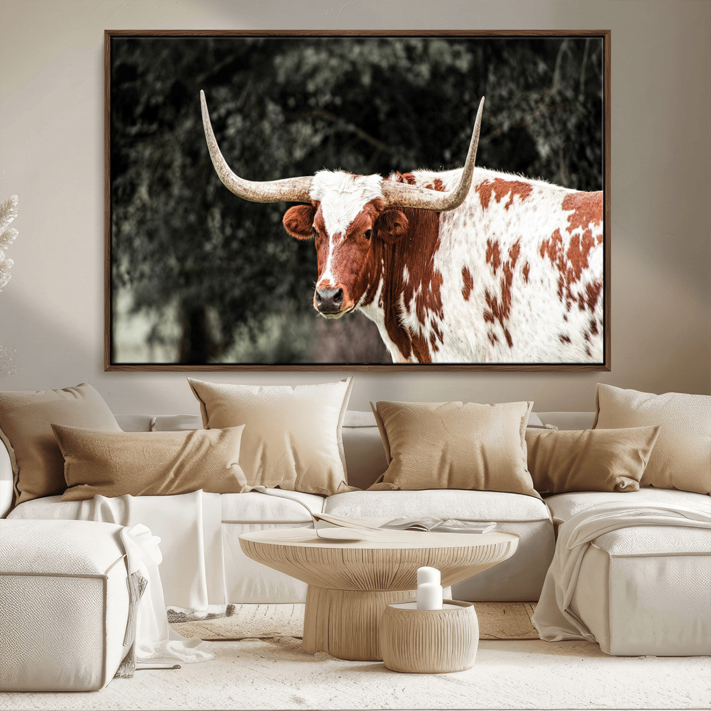 54027638-MGV-FC-36X24_Walnut-Texas Longhorn Wall Art Canvas Print, Framed Spotted Cow Art Picture Print, Horned Bull Perfect Rustic Western Decor Artwork