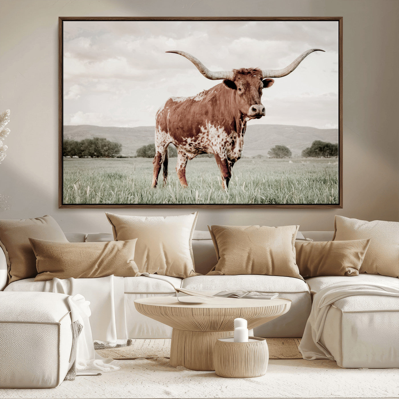 28309012-MGV-FC-36X24_Walnut-Texas Longhorn Wall Art Canvas Print, Framed Spotted Cattle Art Picture Print, Horned Bull Perfect Rustic Western Decor Artwork
