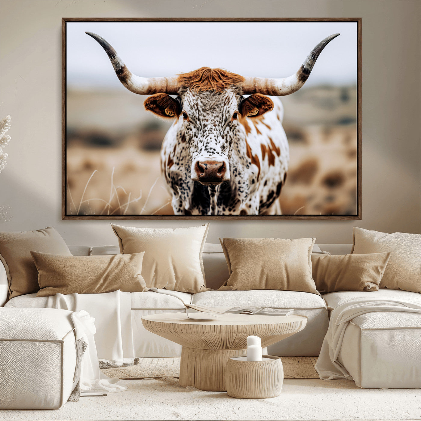 76294381-MGV-CV-36X24-Texas Longhorn Wall Art Canvas Print, Framed Spotted Cow Art Picture Print, Horned Cattle Perfect Rustic Western Decor Artwork