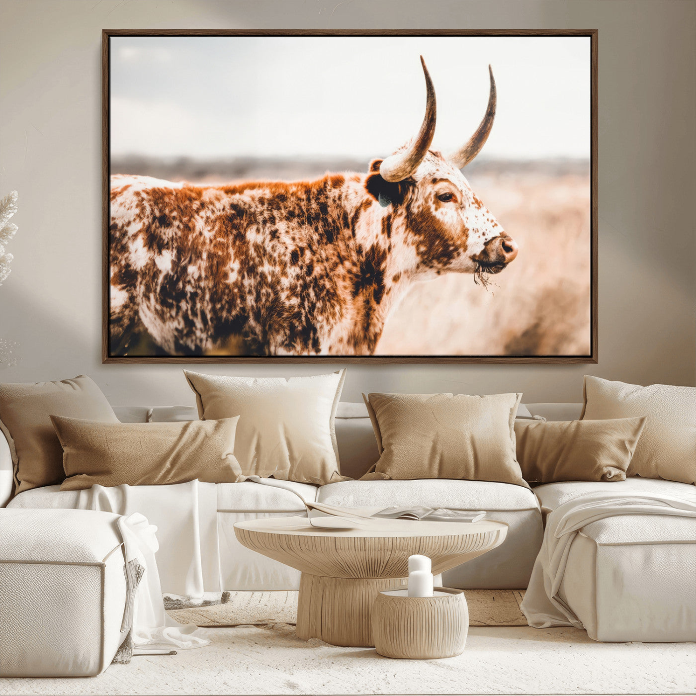 11528295-MGV-FC-36X24_Walnut-Speckled Longhorn Wall Art Canvas Print, Framed Texas Cattle Art Picture Print, Horned Cow Perfect Rustic Western Decor Artwork