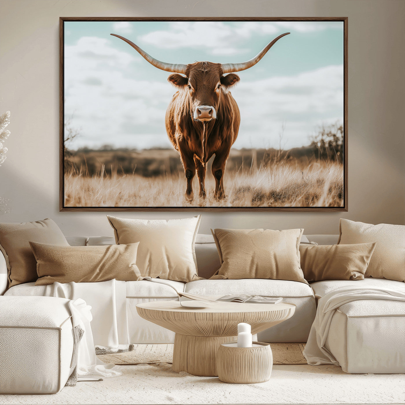 39350715-MGV-FC-36X24_Walnut-Texas Longhorn Wall Art Canvas Print, Framed Longhorn Cow Art Picture Print, Western Cattle Perfect Rustic Western Decor Artwork