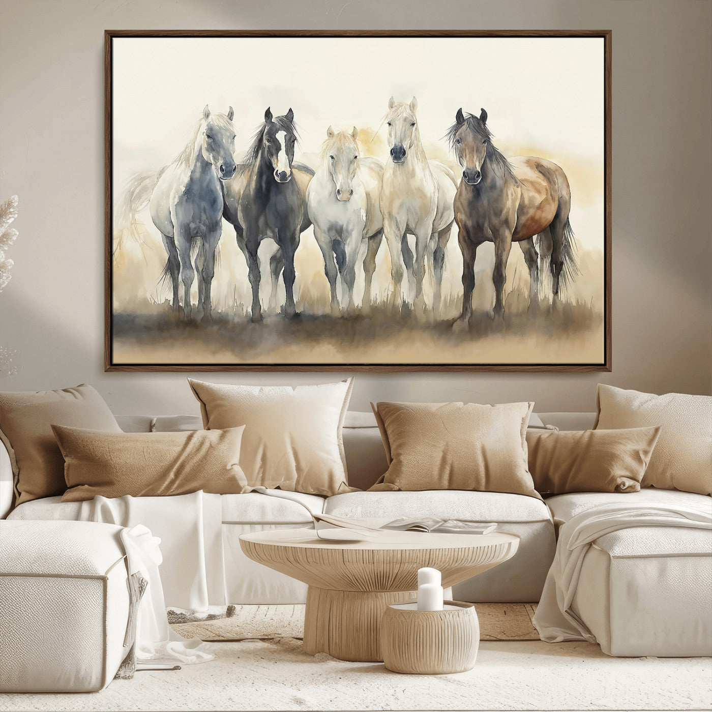 11177620-MGV-CV-36X24-Wild Horses Wall Art Canvas Print, Framed Running Horses Art Picture Print, Watercolor Horses Perfect Rustic Western Decor Artwork