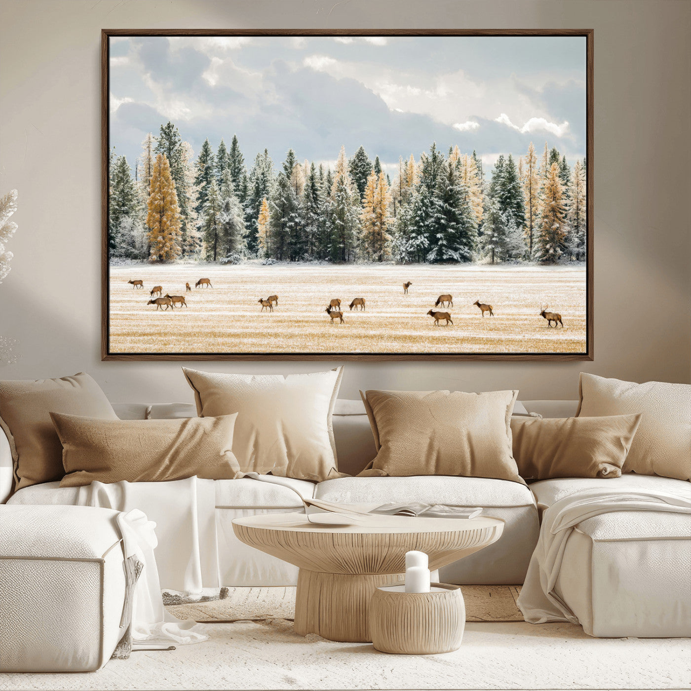 64188182-MGV-CV-36X24-Elk Herd Wall Art Canvas Print, Framed Snowy Forest Art Picture Print, Forest Elks Perfect Neutral Rustic Decor Artwork