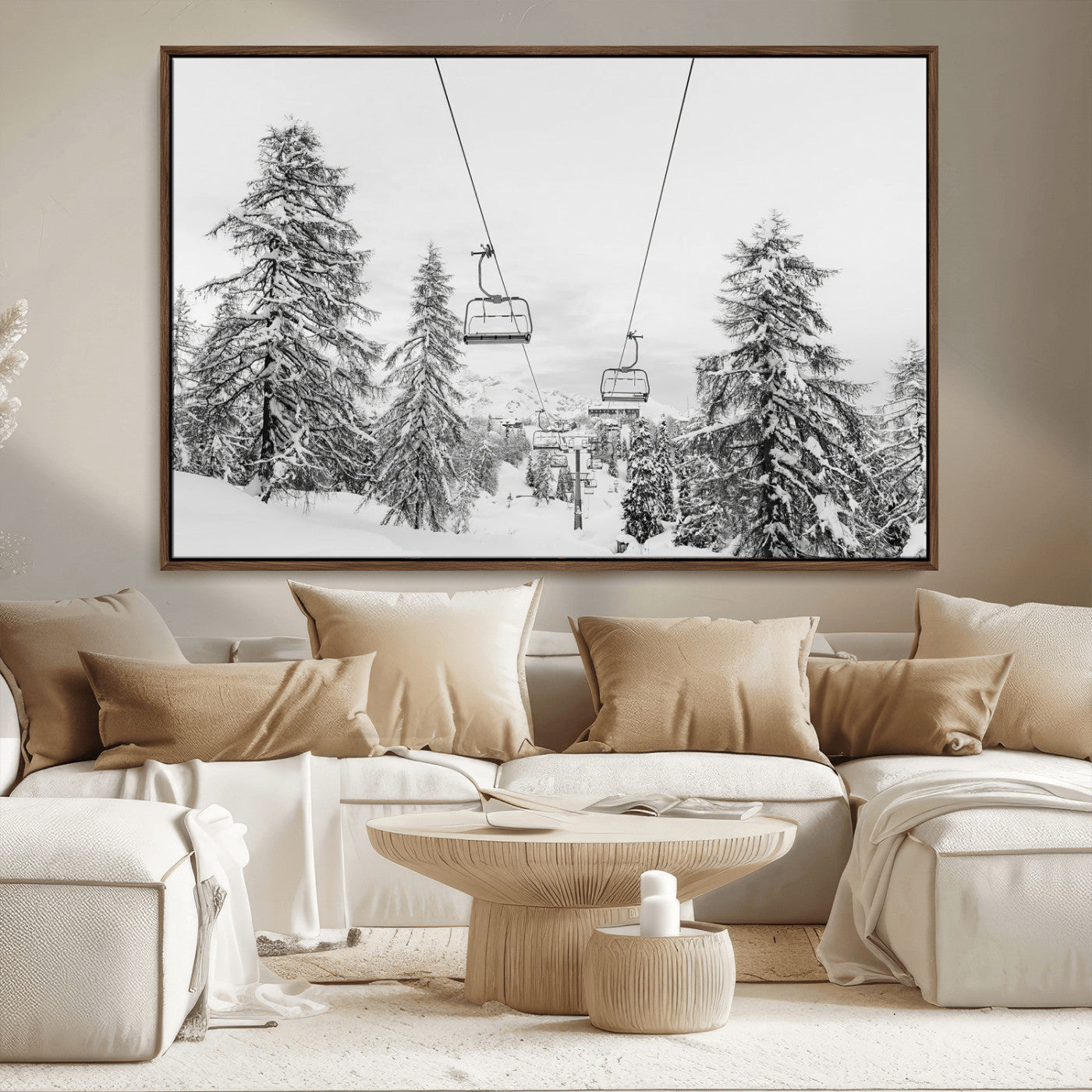 55003599-MGV-CV-36X24-Snowy Ski Lift Wall Art Canvas Print, Framed Winter Forest Art Picture Print, Ski lift Ride Perfect Winter Lodge Decor Artwork