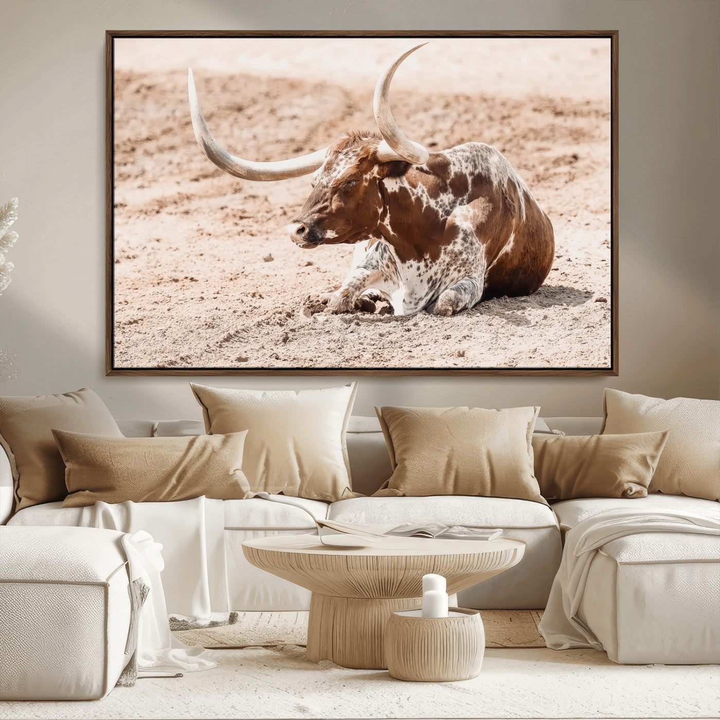 91248682-MGV-FC-36X24_Walnut-Texas Longhorn Wall Art Canvas Print, Framed Resting Bull Art Picture Print, Spotted Cattle Perfect Rustic Western Decor Artwork