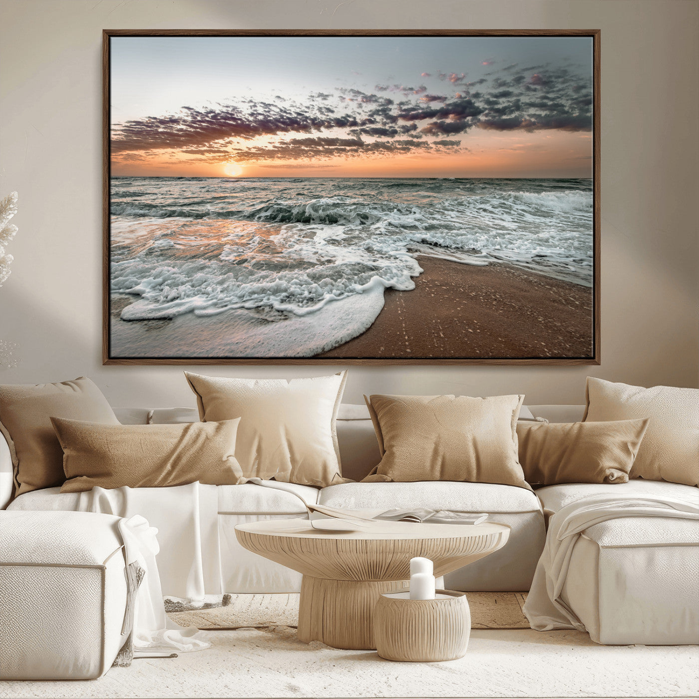 40632752-MGV-CV-36X24-Ocean Sunset Wall Art Canvas Print, Framed Beach Waves Art Picture Print, Coastal Scene Perfect Coastal Decor Artwork