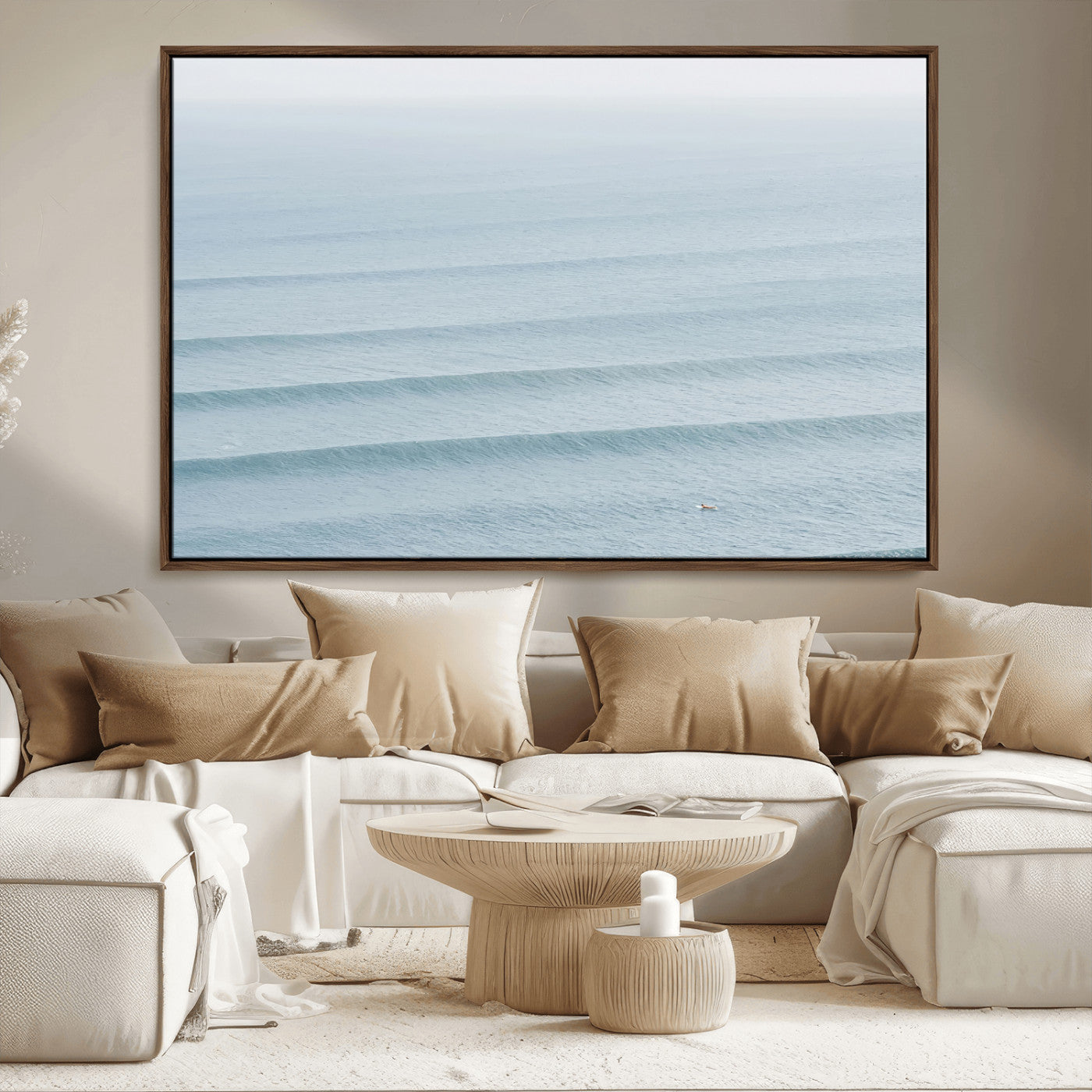 47814787-MGV-CV-36X24-Ocean Waves Wall Art Canvas Print, Framed Solo Surfer Art Picture Print, Wave Lines Perfect Minimalist Ocean Decor Artwork