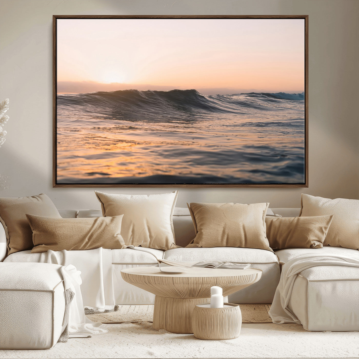 46299358-MGV-FC-36X24_Walnut-Sunset Waves Wall Art Canvas Print, Framed Ocean Horizon Art Picture Print, Golden Water Perfect Golden Hour Coastal Decor Artwork