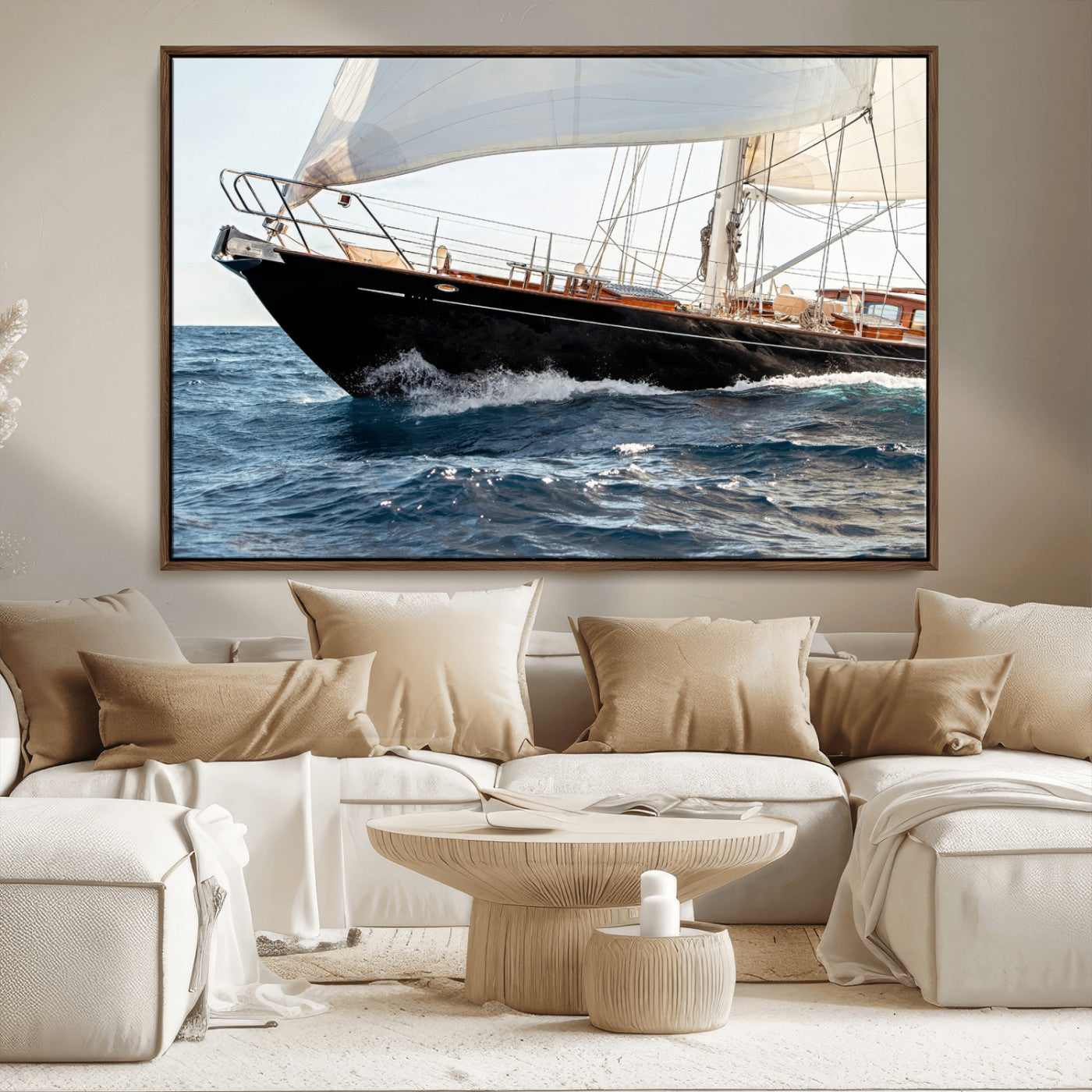 97168626-MGV-CV-36X24-Sailing Yacht Wall Art Canvas Print, Framed Wooden Yacht Art Picture Print, Ocean Waves Perfect Nautical Coastal Decor Artwork