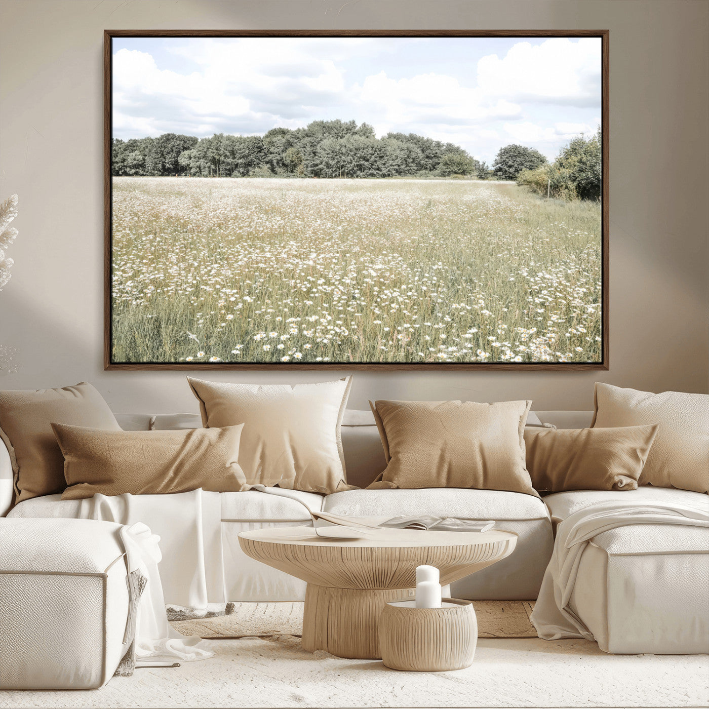 43258946-MGV-CV-36X24-Daisy Field Wall Art Canvas Print, Framed Pastel Flower Art Picture Print, Meadow Bloom Perfect Scandinavian Minimalist Decor