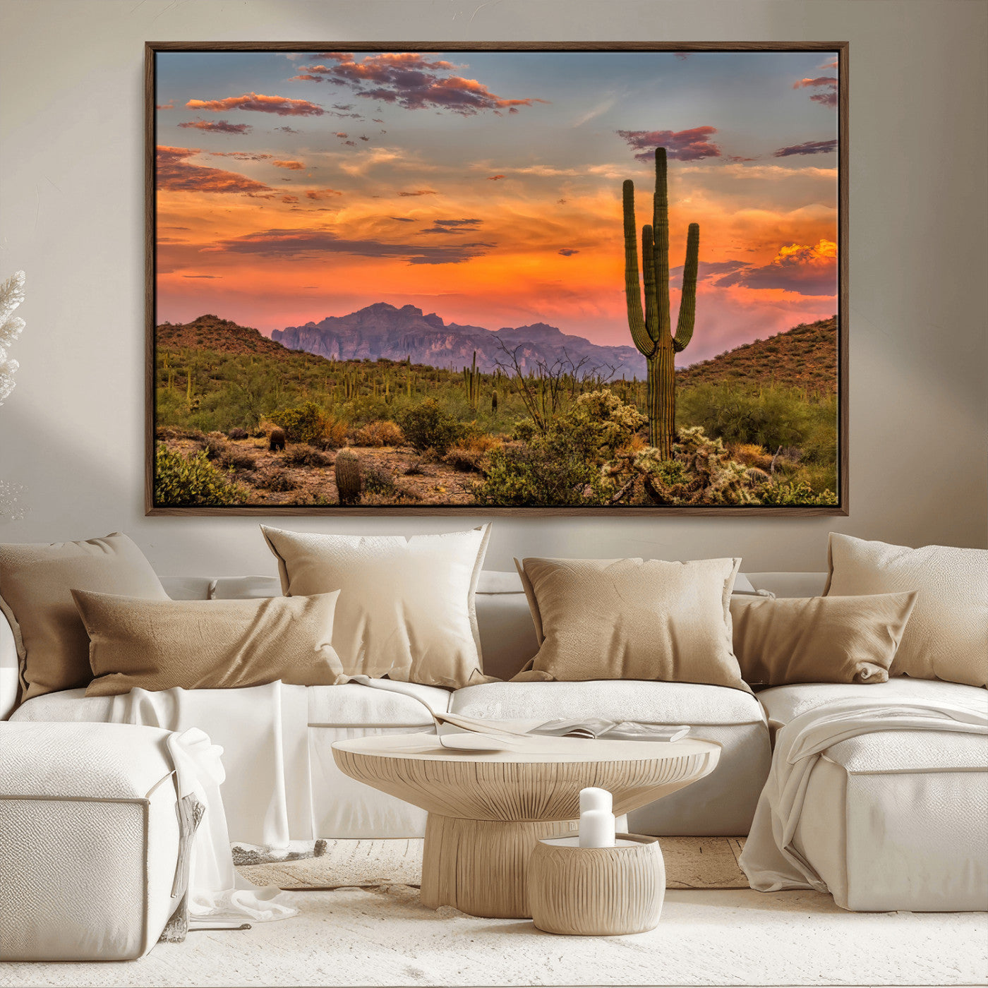 25332783-MGV-FC-36X24_Walnut-Saguaro Cactus Wall Art Canvas Print, Framed Arizona Sunset Art Picture Print, Sonoran Desert Perfect Southwestern Boho Decor