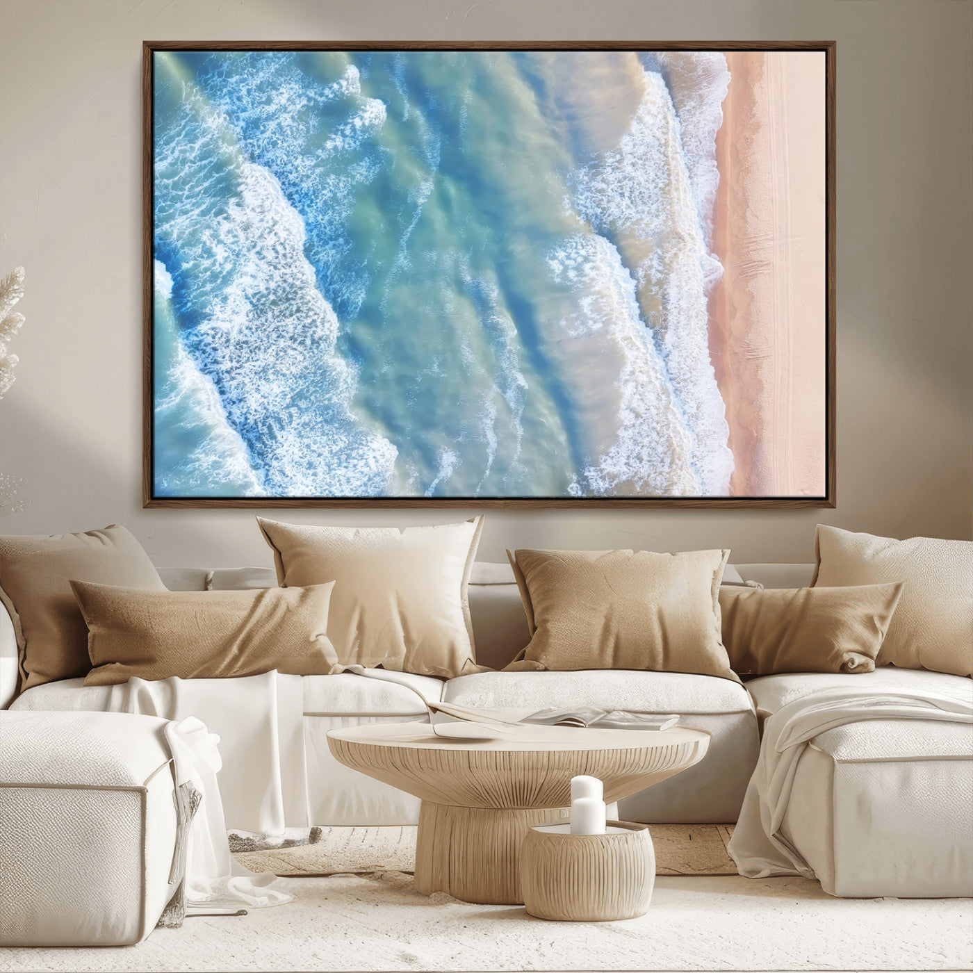 17641845-MGV-CV-36X24-Aerial Ocean Wall Art Canvas Print, Framed Blue Waves Art Picture Print, Sandy Shoreline Perfect Modern Coastal Decor Artwork