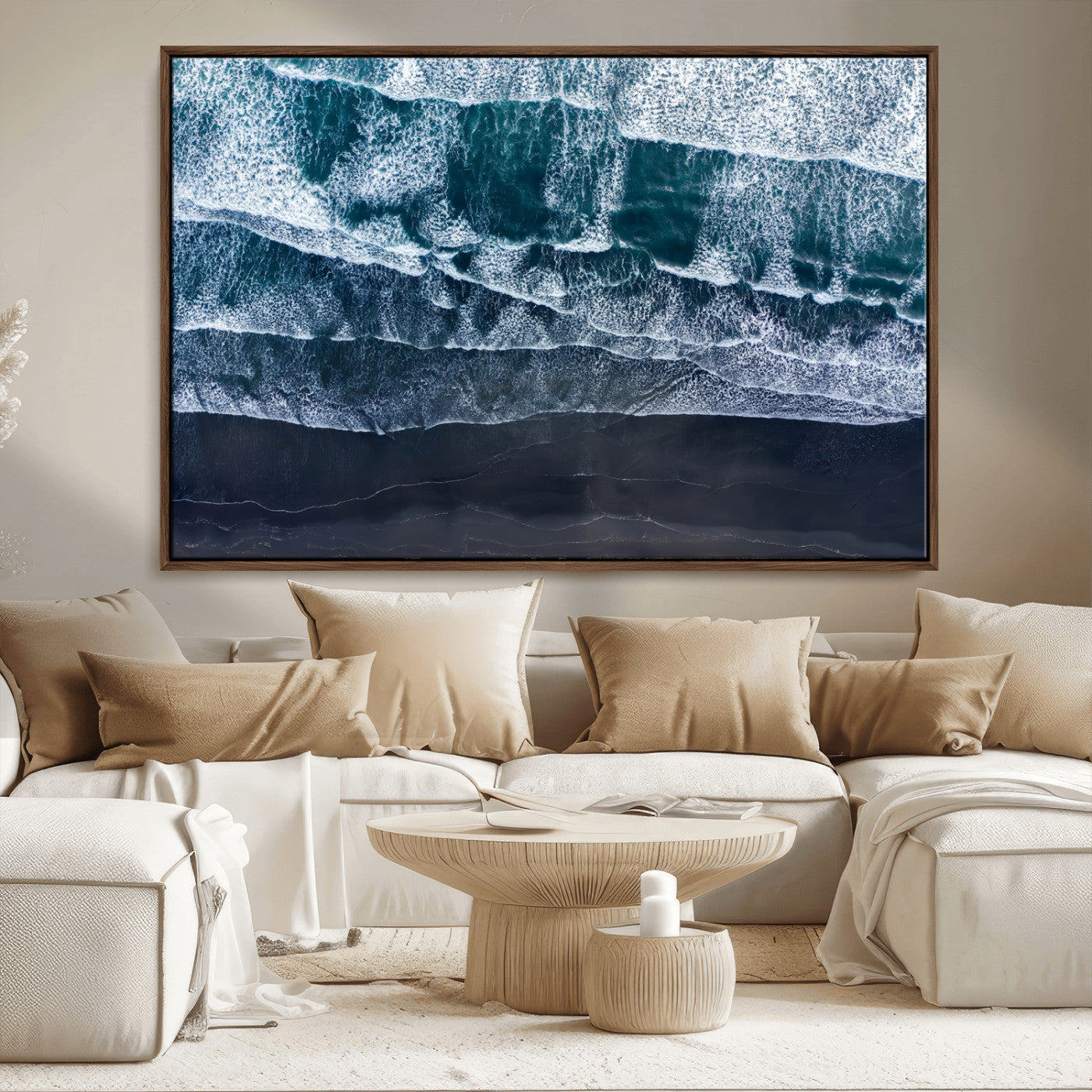 87941475-MGV-CV-36X24-Black Beach Wall Art Canvas Print, Framed Aerial Ocean Art Picture Print, Moody Coastal Perfect Modern Coastal Decor Artwork
