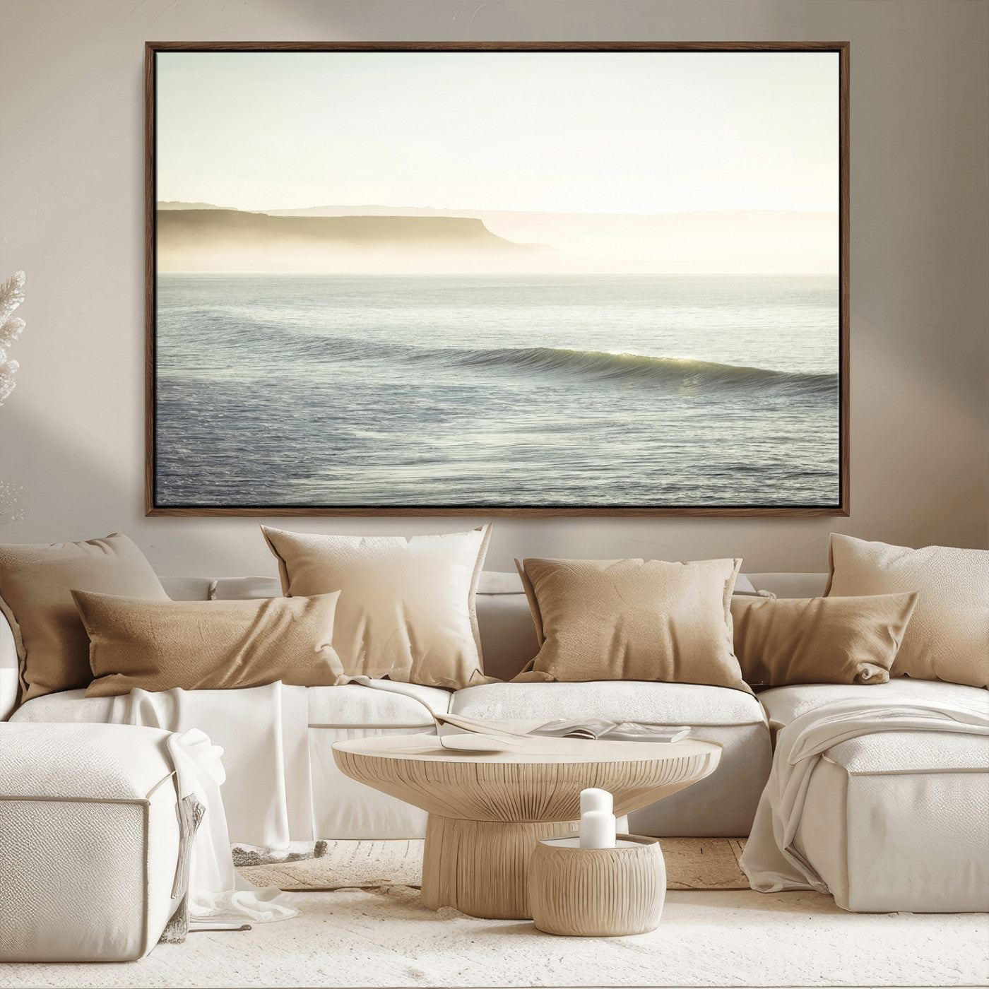 39310633-MGV-CV-36X24-Coastal Cliffs Wall Art Canvas Print, Framed Misty Ocean Art Picture Print, Morning Light Perfect Minimalistic Coastal Decor