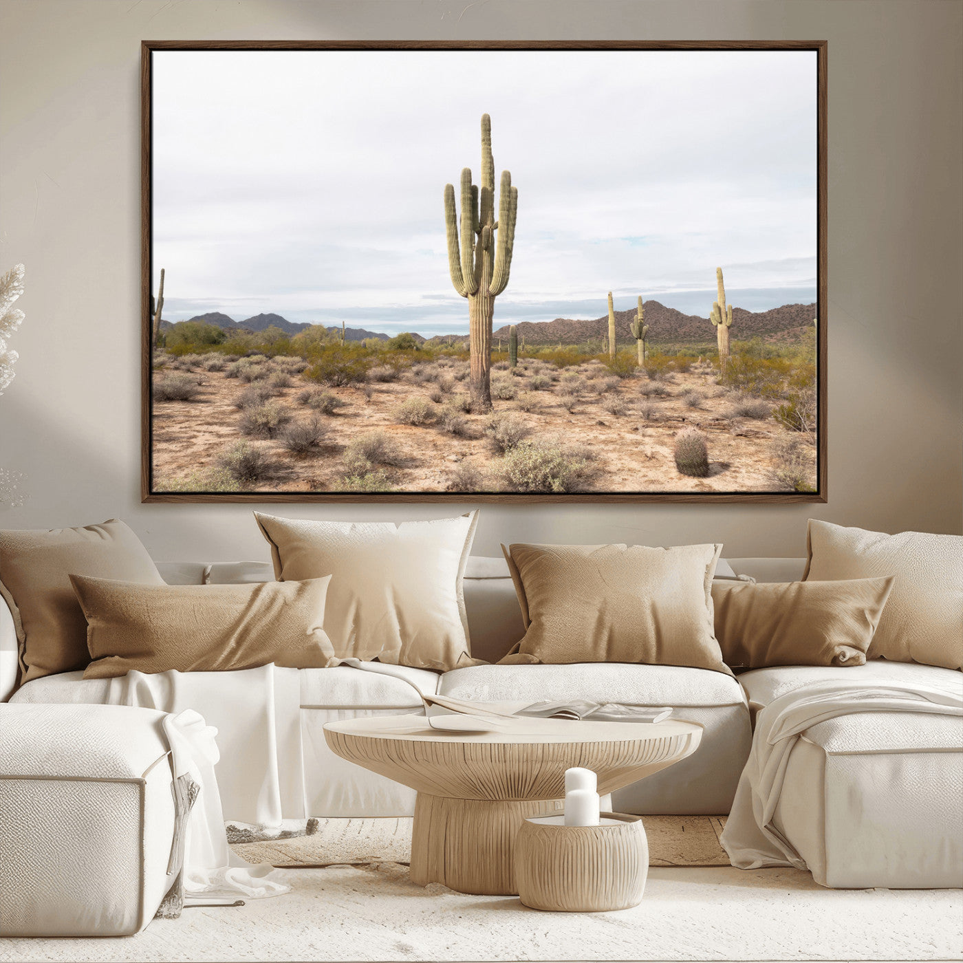 96147924-MGV-FC-36X24_Walnut-Saguaro Cactus Wall Art Canvas Print, Framed Desert Cactus Art Picture Print, Earthy Desert Perfect Southwestern Boho Decor