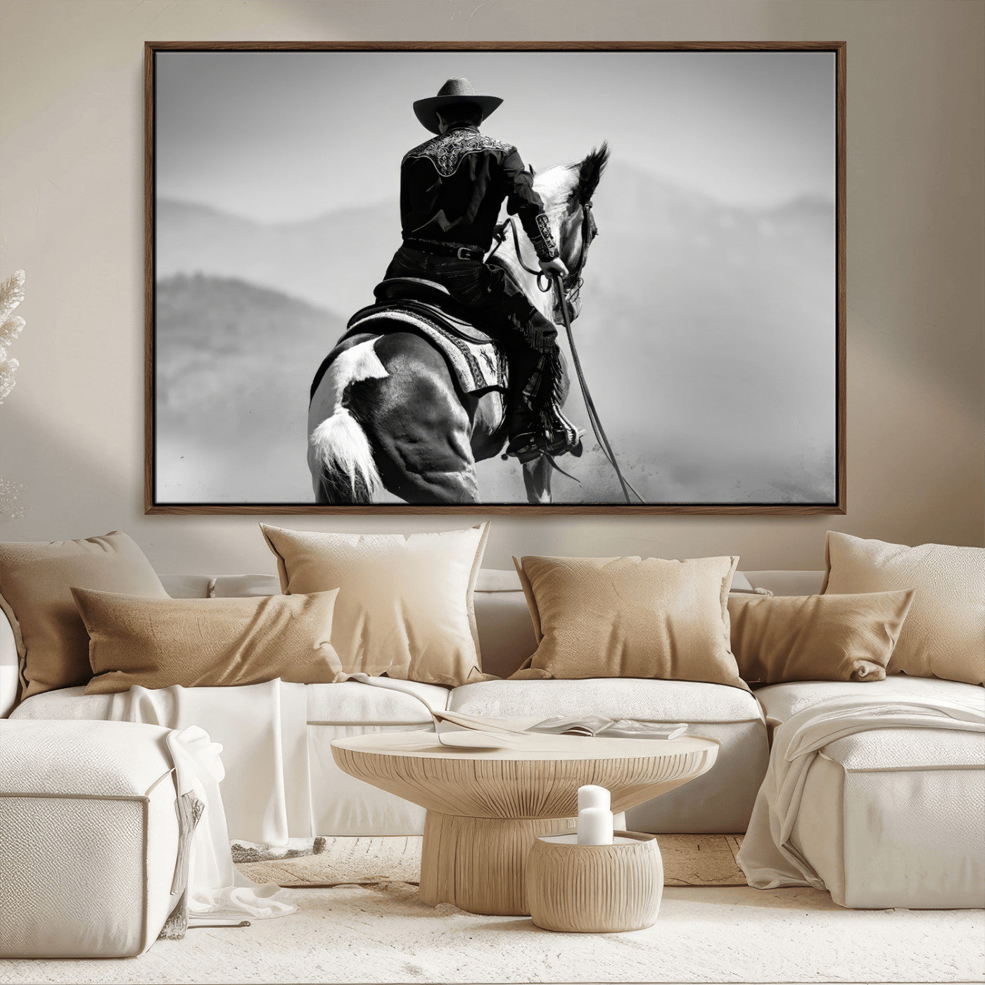 83102464-MGV-CV-36X24-Western Cowboy Wall Art Canvas Print, Framed Monochrome Horse Art Picture Print, Western Equestrian Perfect Rustic Western Decor