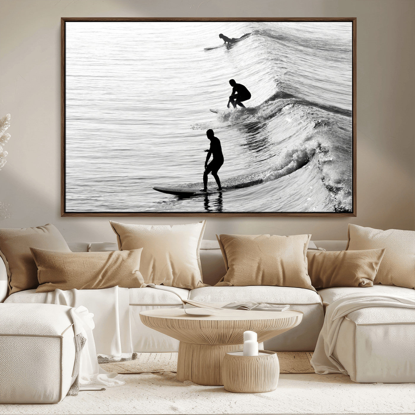 19875284-MGV-CV-36X24-Surfer Waves Wall Art Canvas Print, Framed Black White Surf Art Picture Print, Monochrome Ocean Perfect Modern Coastal Decor