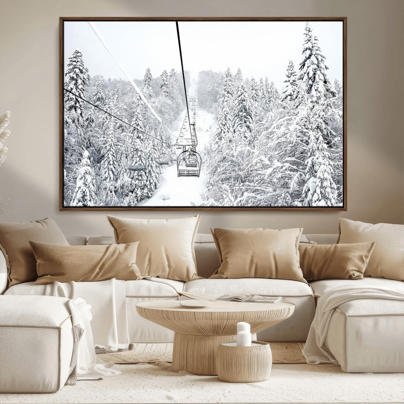 44705668-MGV-FC-36X24_Walnut-Winter Forest Wall Art Canvas Print, Framed Snowy Forest Art Picture Print, Ski Lift Perfect Scandinavian Decor Artwork