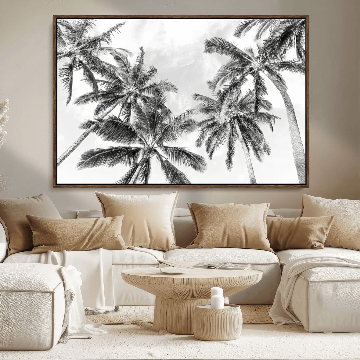 62113786-MGV-CV-36X24-Black White Palm Wall Art Canvas Print, Framed Monochrome Tropics Art Picture Print, Minimalist Beach Perfect Coastal Minimalist