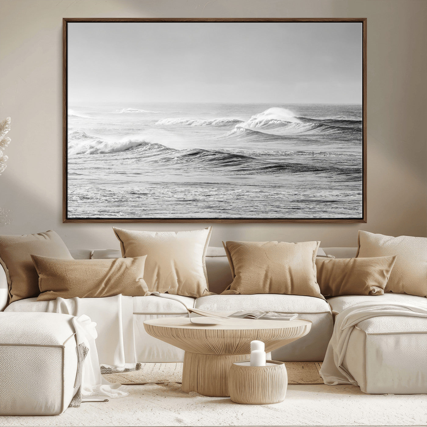 98634812-MGV-FC-36X24_Walnut-Black and White Ocean Waves Wall Art – Minimalist Sea Canvas Print, Coastal Photography Decor for Living Room, Bedroom or Office