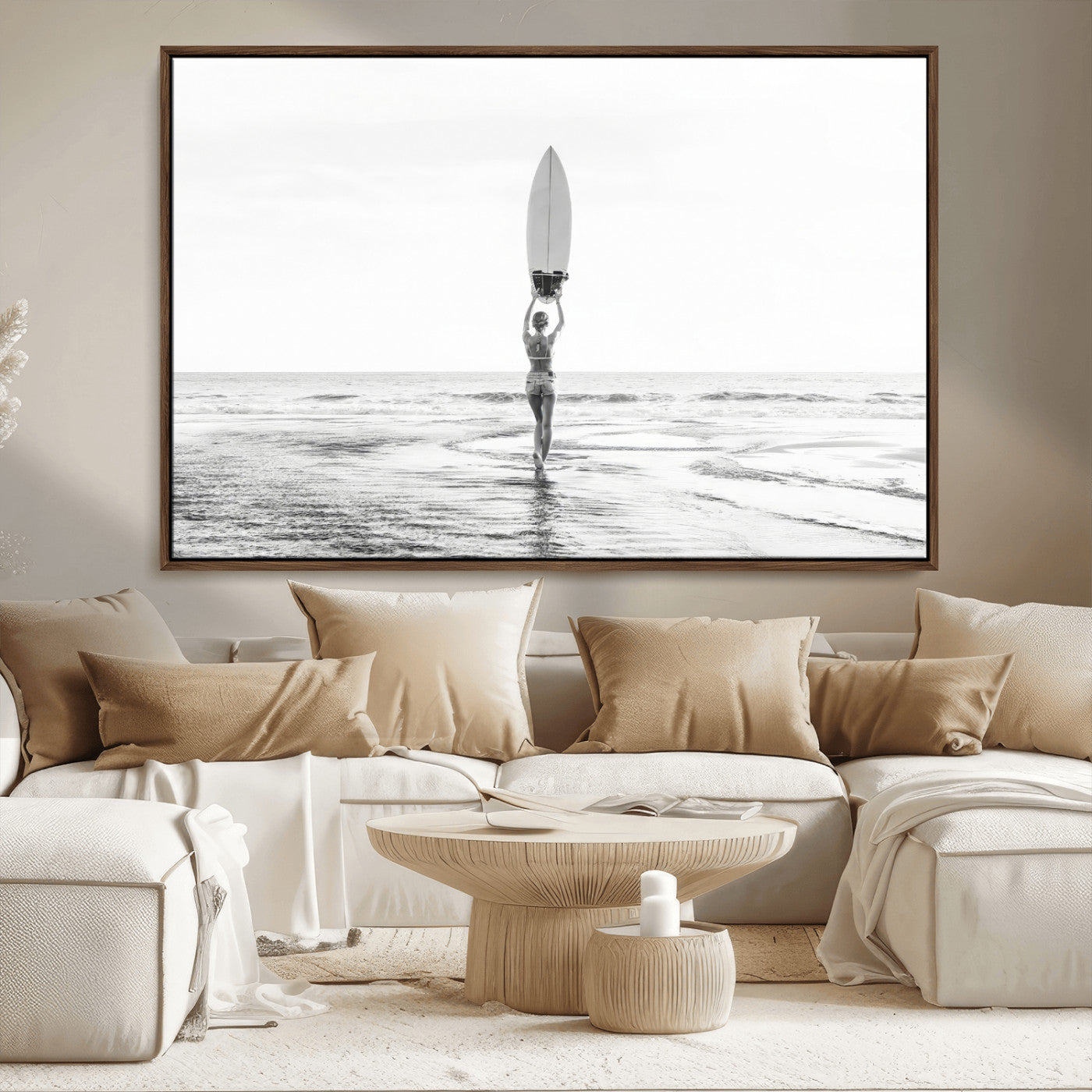 98446901-MGV-CV-36X24-Monochrome Surf Wall Art Canvas Print, Framed Minimalist Surfer Art Picture Print, Surfboard Silhouette Perfect Coastal Minimalist