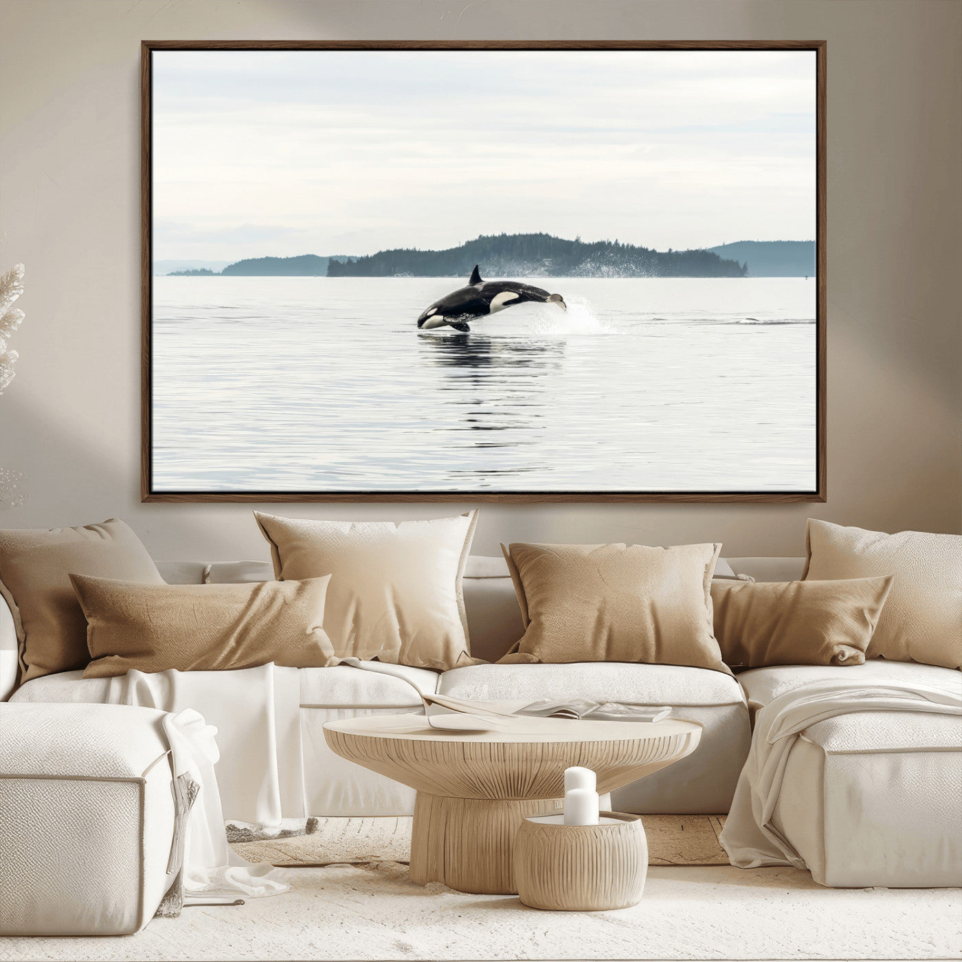 10157174-MGV-CV-36X24-Orca Whale Wall Art Canvas Print, Framed Black White Whale Art Picture Print, Minimalist Ocean Perfect Coastal Minimalist Decor