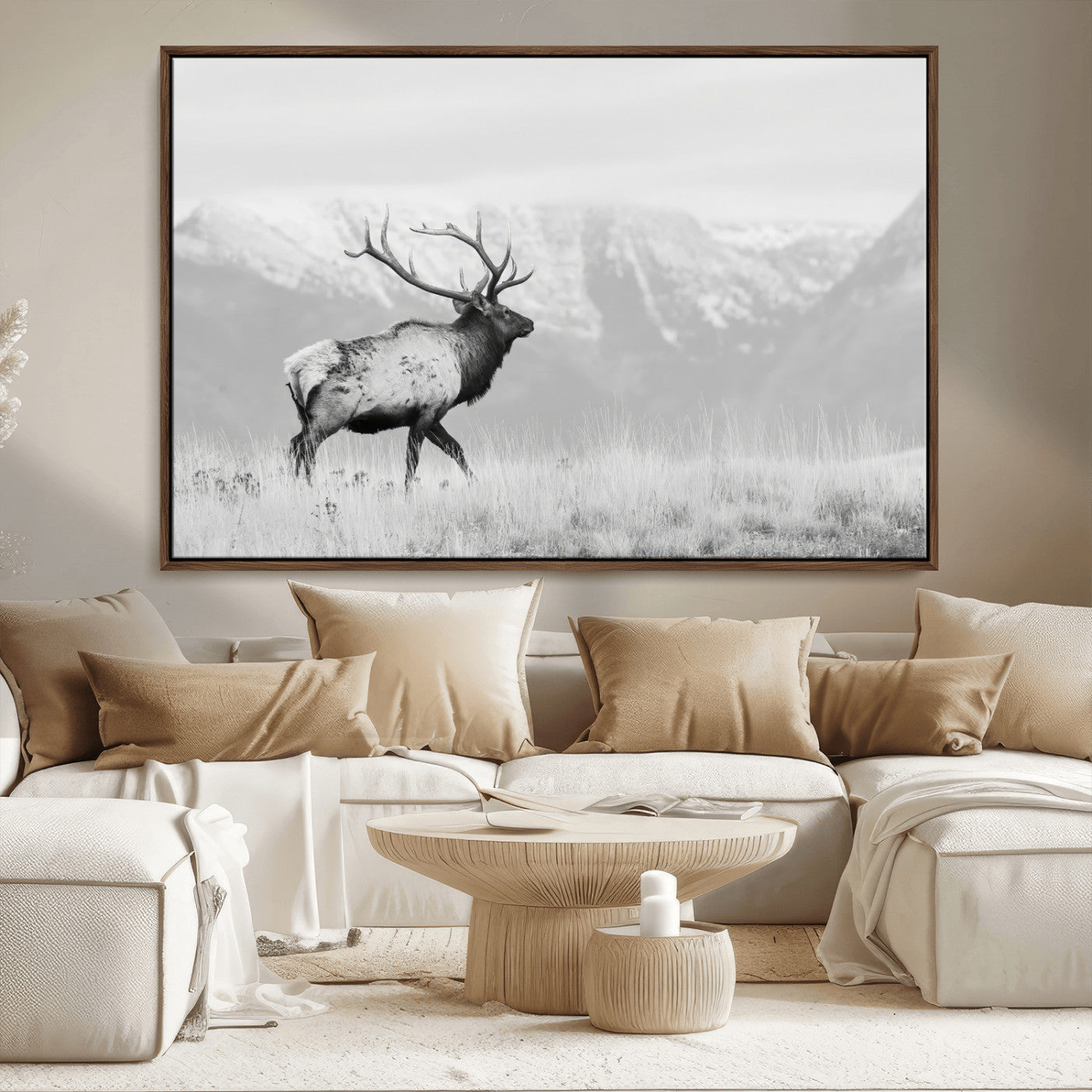 62278753-MGV-CV-36X24-Monochrome Elk Wall Art Canvas Print, Framed Mountain Wildlife Art Picture Print, Rustic Nature Perfect Rustic Minimalist Decor