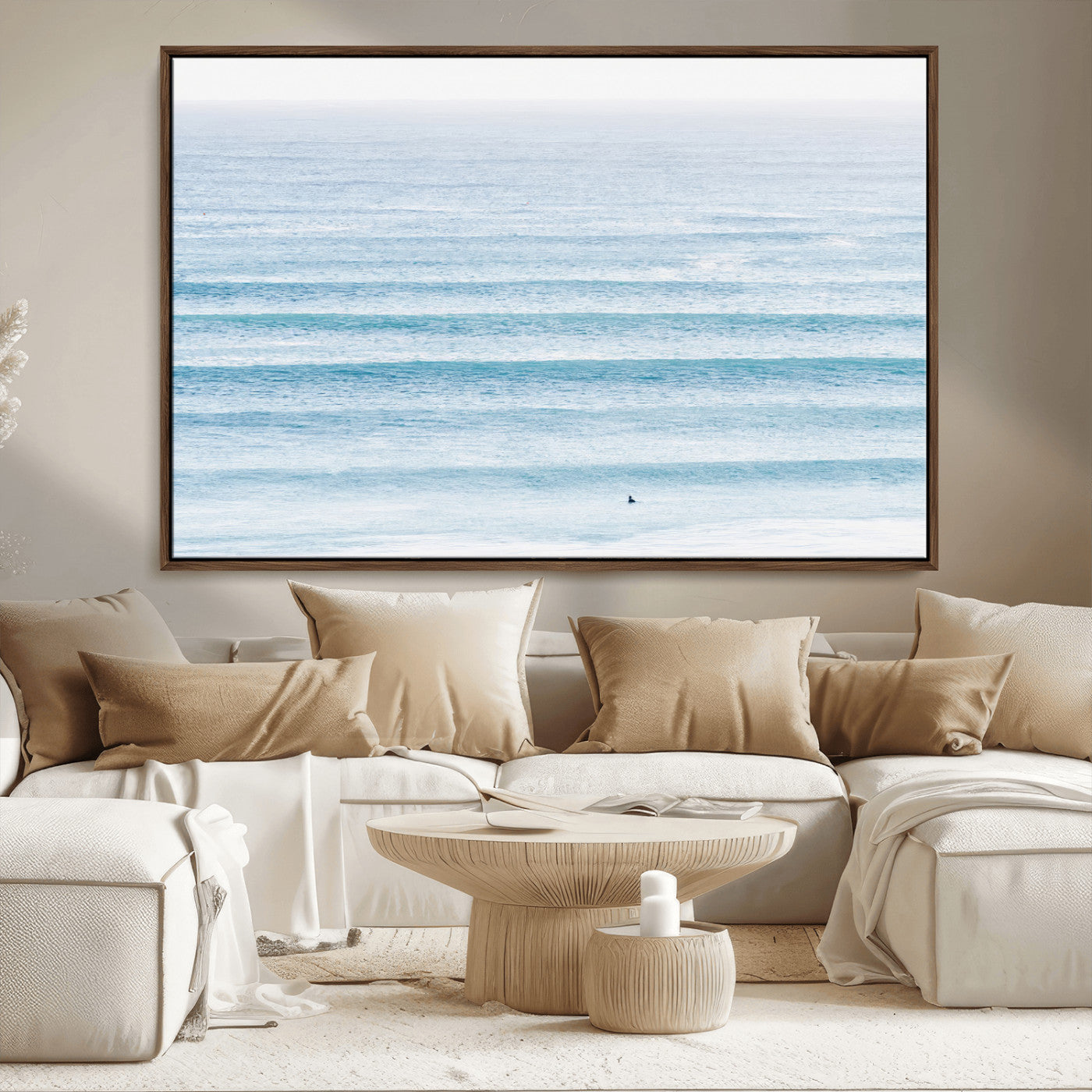 77145995-MGV-FC-36X24_Walnut-Ocean Simplicity Wall Art Canvas Print, Framed Surfer on Water Art Picture Print, Light Blue Perfect Coastal Minimalist Decor