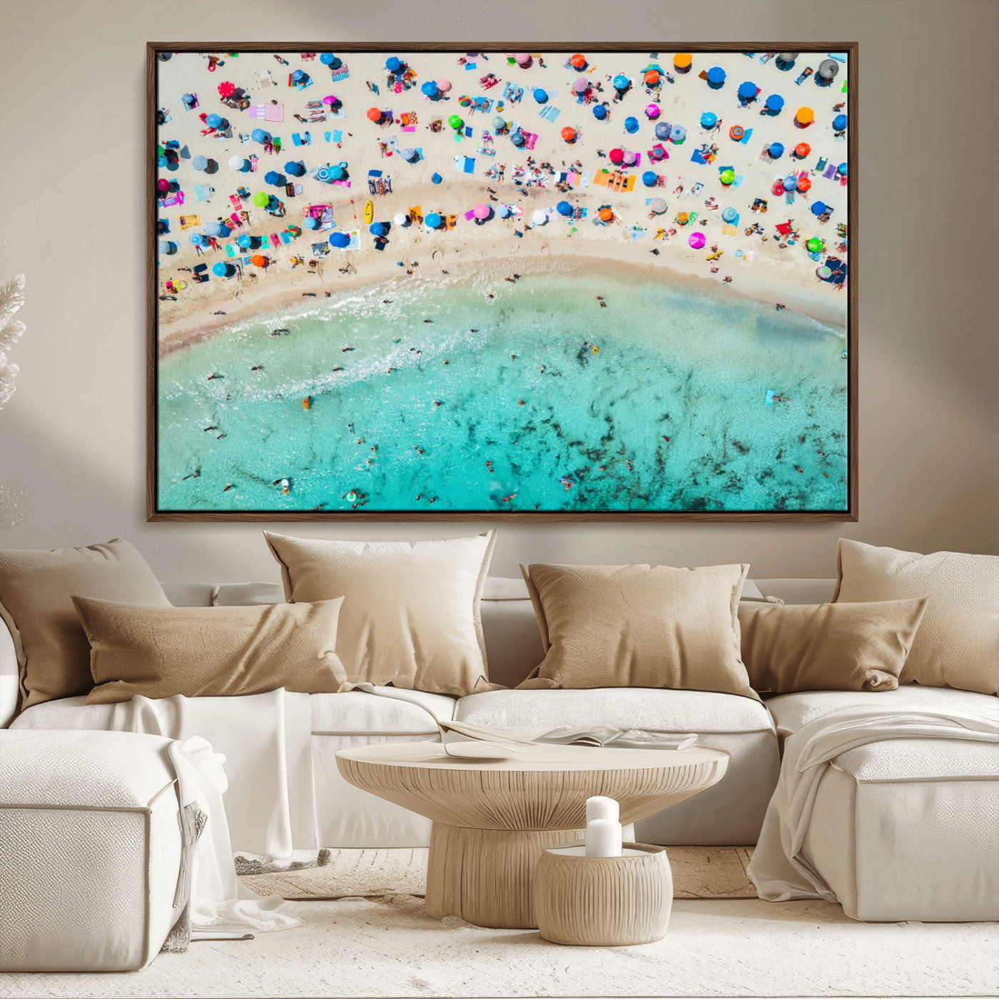 76172085-MGV-FC-36X24_Walnut-Tropical Shoreline Wall Art Canvas Print, Framed Beach Relaxing Art Picture Print, Aerial Summer Perfect Coastal Vibrant Decor