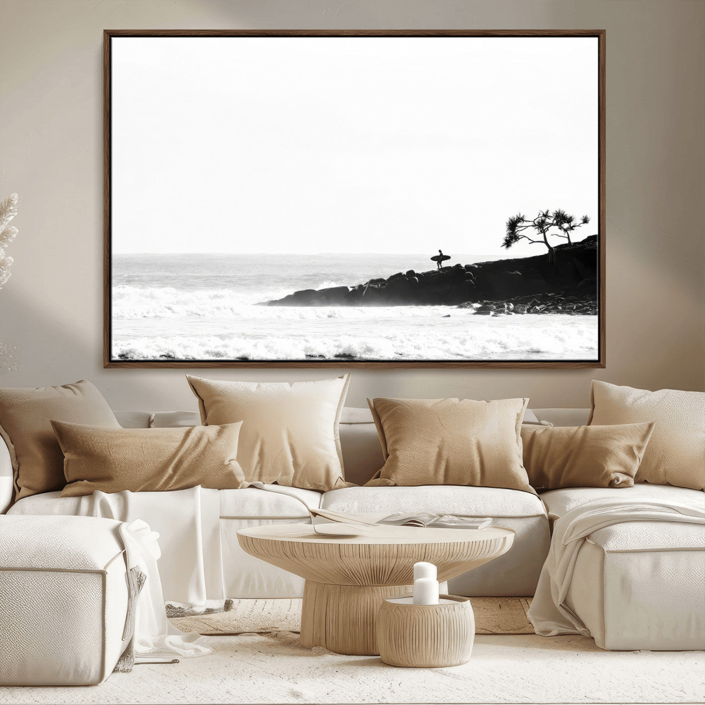 40875891-MGV-CV-36X24-SurferCliffs Wall Art Canvas Print, Framed Black White Beach Art Picture Print, Ocean Waves Perfect Minimalist Coastal Decor