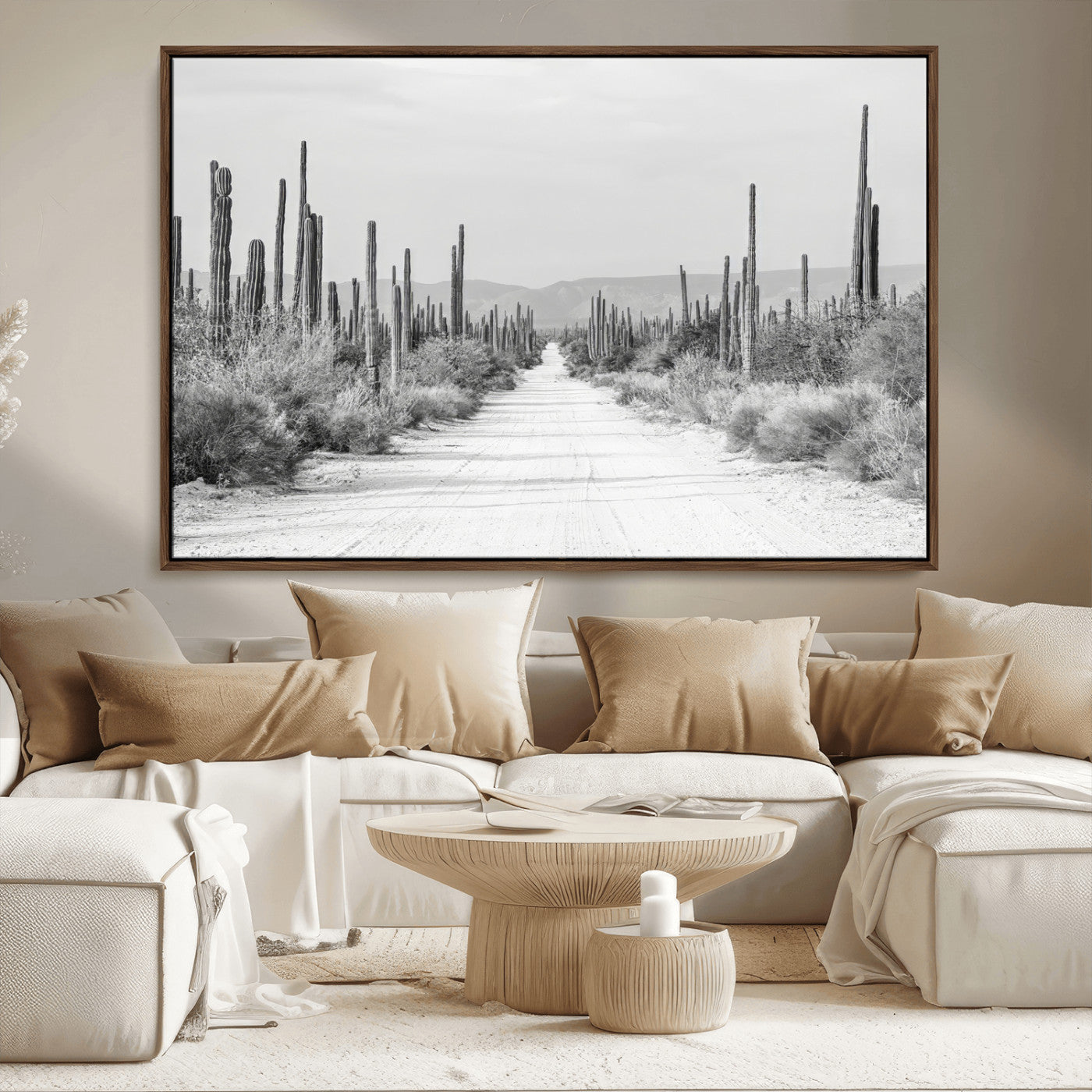 35537313-MGV-FC-36X24_Walnut-Monochrome Desert Wall Art Canvas Print, Framed Cactus Path Art Picture Print, Southwestern Landscape Perfect Southwestern