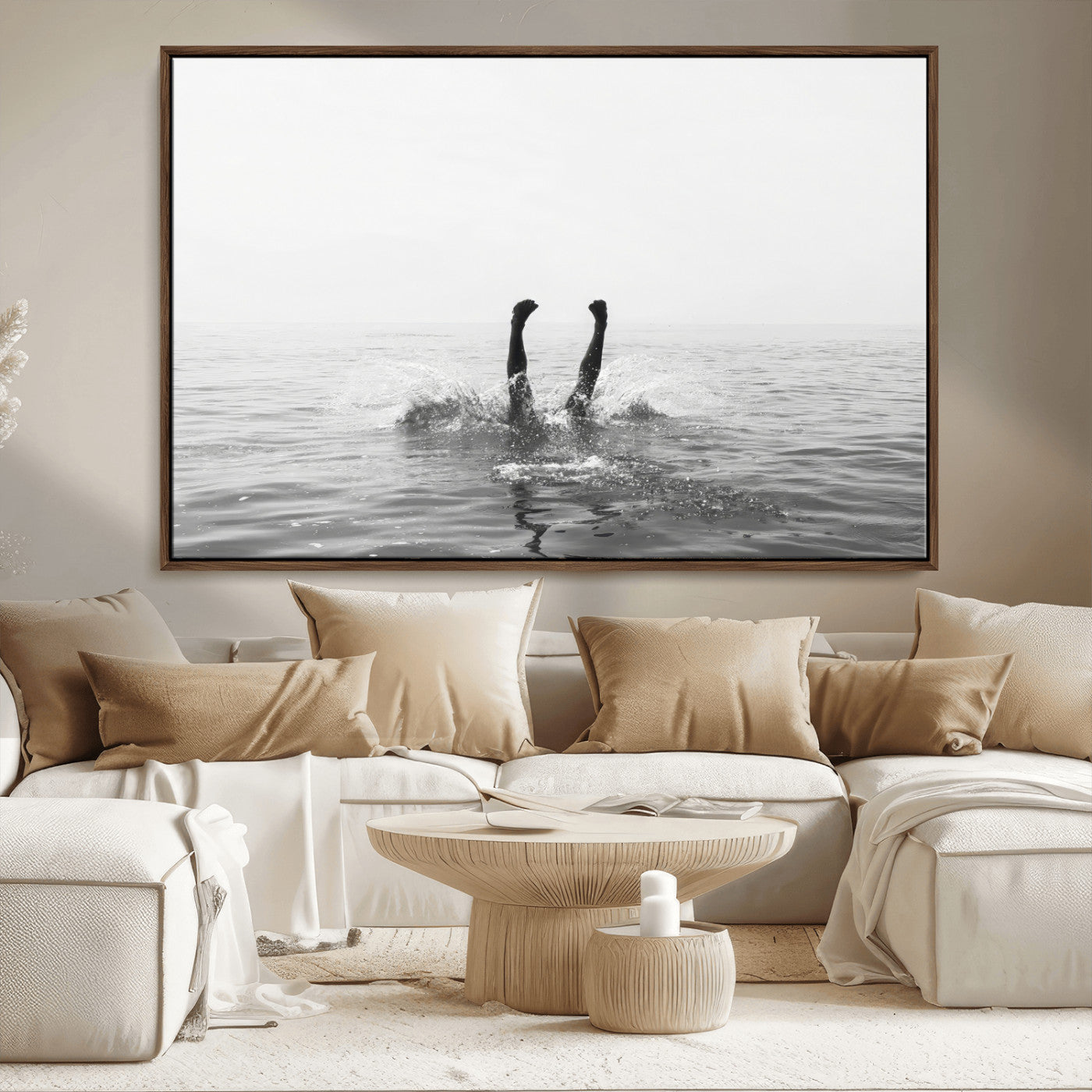 26667396-MGV-CV-36X24-Black White Ocean Wall Art Canvas Print, Framed Monochrome Water Art Picture Print, Diving into Water Perfect Minimalist Aquatic