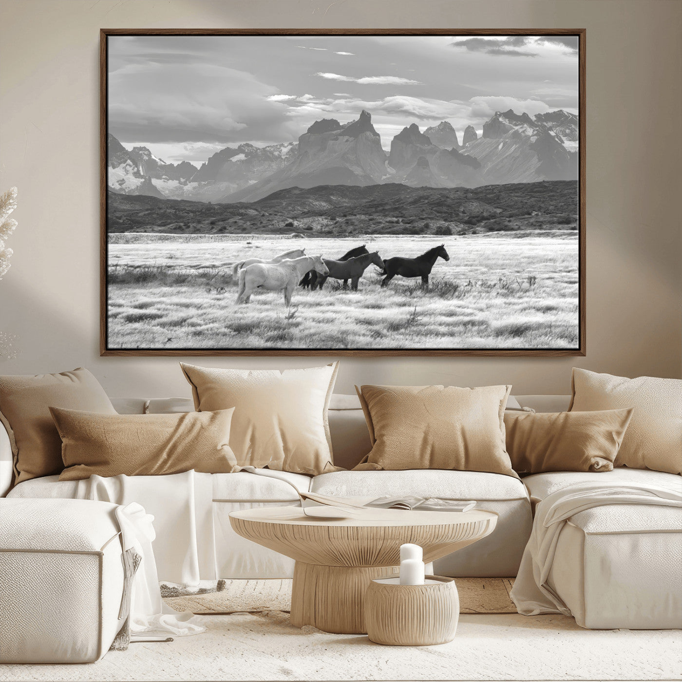 21655040-MGV-CV-36X24-Wild Horses Wall Art Canvas Print, Framed Black White Mountains Art Picture Print, Rustic Countryside Perfect Rustic Western Decor
