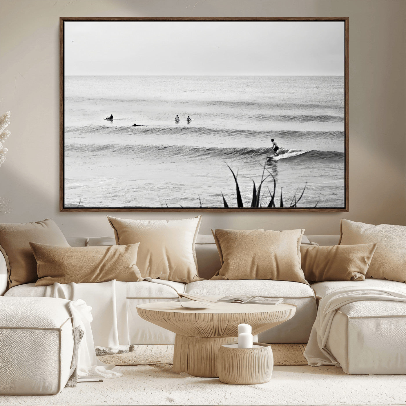 33821421-MGV-CV-36X24-Surfer Silhouette Wall Art Canvas Print, Framed Calm Ocean Art Picture Print, Monochrome Surf Perfect Minimalist Coastal Decor
