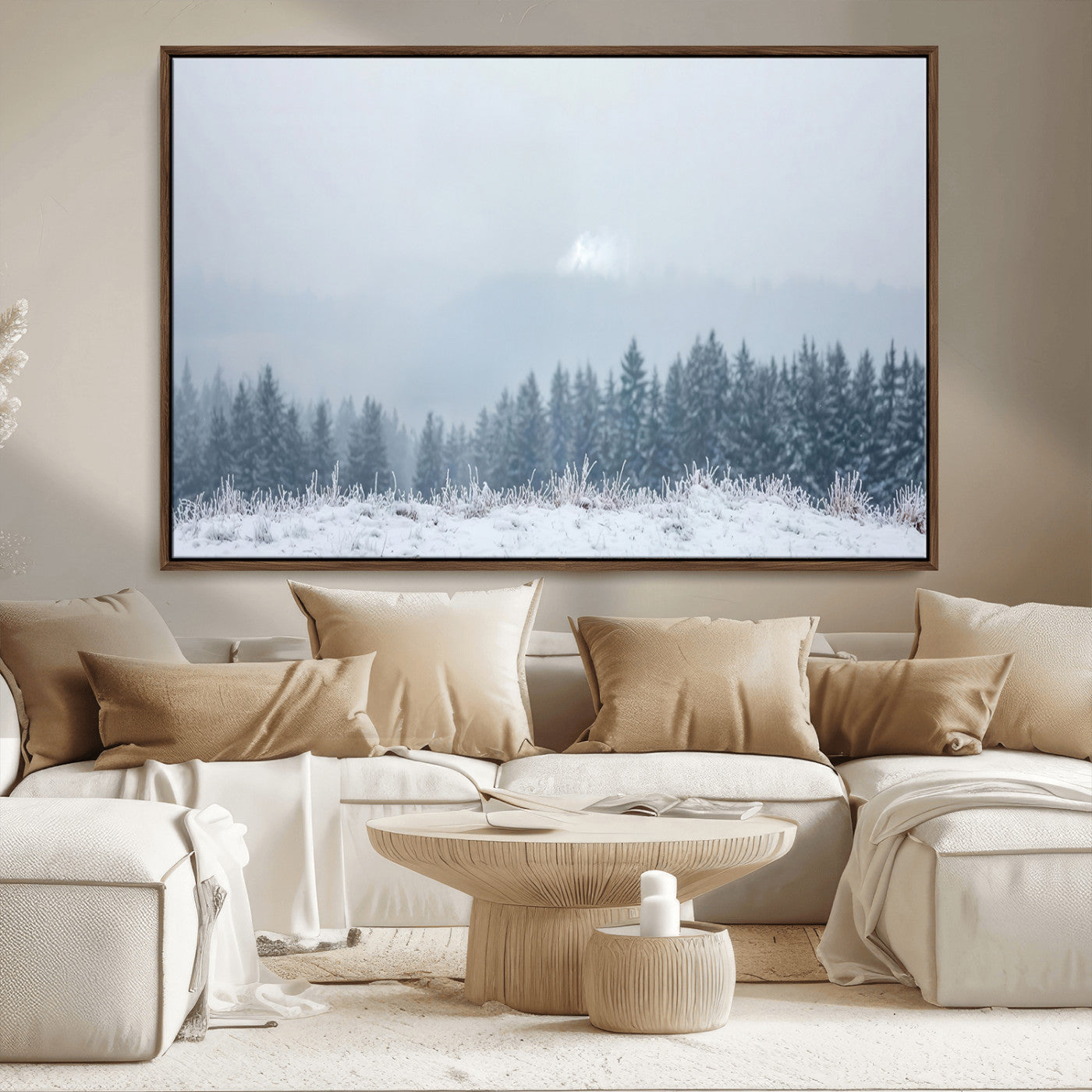 33033082-MGV-CV-36X24-Winter Forest Art Wall Art Canvas Print, Framed Snowy Landscape Art Picture Print, Misty Tree Scene Perfect Nordic Minimalist