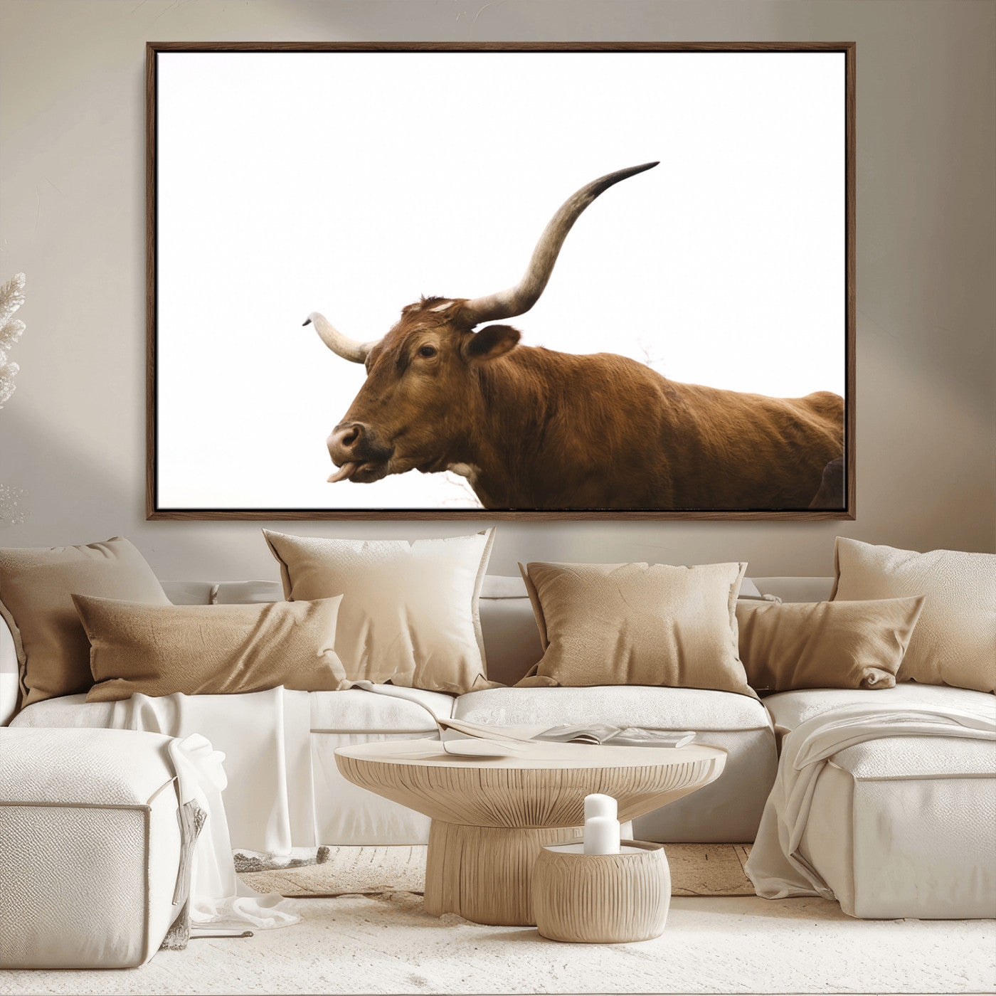 62566114-MGV-CV-36X24-Longhorn Cow Art Wall Art Canvas Print, Framed Rustic Animal Decor Art Picture Print, Texas Bull Photo Perfect Rustic Farmhouse