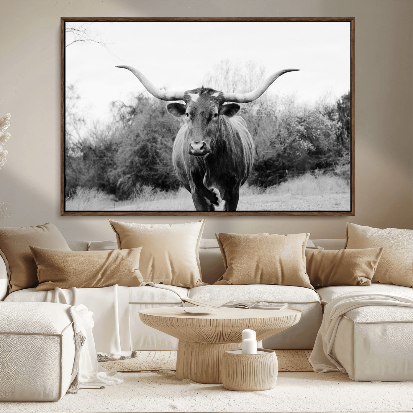 97280319-MGV-CV-36X24-Longhorn Photography Wall Art Canvas Print, Framed Western Cow Decor Art Picture Print, Texas Ranch Style Perfect Rustic Farmhouse