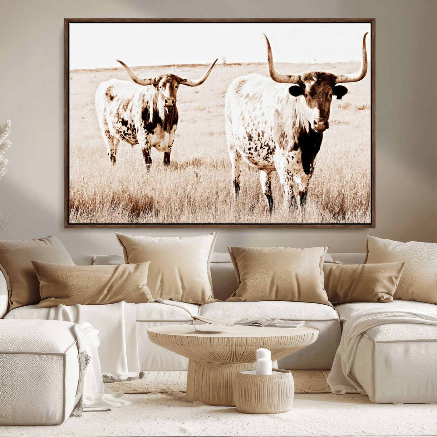 39672786-MGV-FC-36X24_Walnut-Rustic Cow Scene Wall Art Canvas Print, Framed Farmhouse Style Cattle Art Picture Print, Prairie Animal Duo Perfect Rustic Western