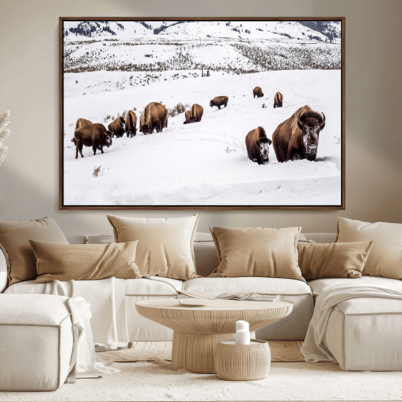 13891210-MGV-CV-36X24-Bison Herd Scene Wall Art Canvas Print, Framed Western Wildlife Decor Art Picture Print, Snowy Mountain Valley Perfect Rustic