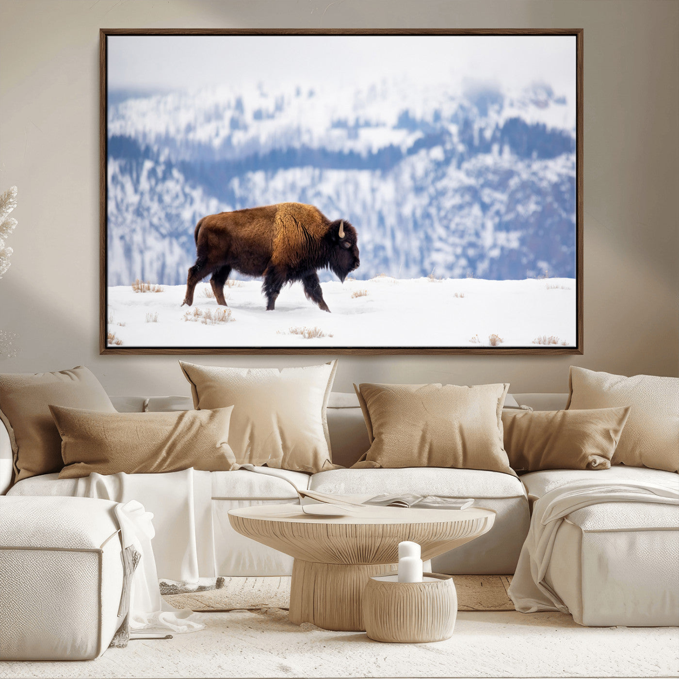 58512275-MGV-CV-36X24-Cowboy Aesthetic Wall Art Canvas Print, Framed Neutral Animal Theme Art Picture Print, Bison Ranch Style Perfect Rustic Western