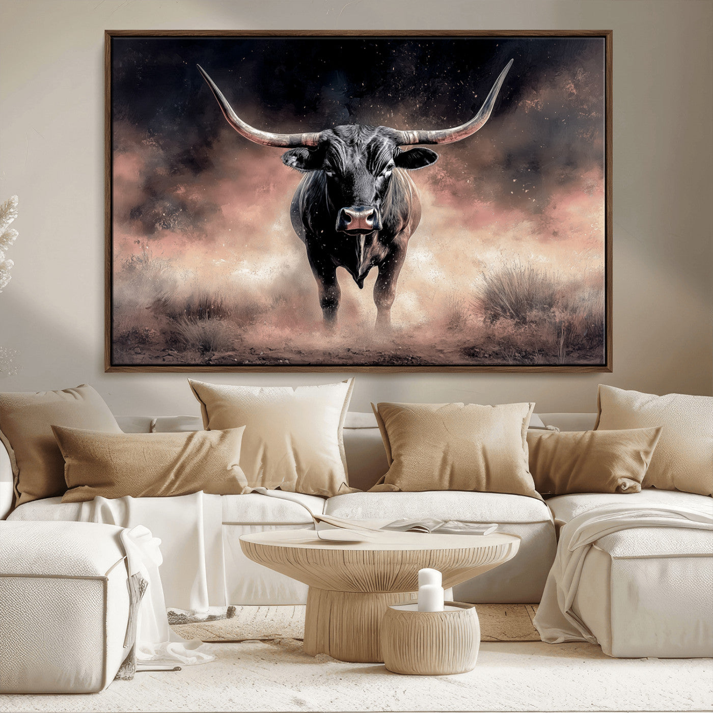 71457818-MGV-CV-36X24-Longhorn Wall Art Wall Art Canvas Print, Framed Western Bull Canvas Art Picture Print, Rustic Cow Decor Perfect Western Dramatic