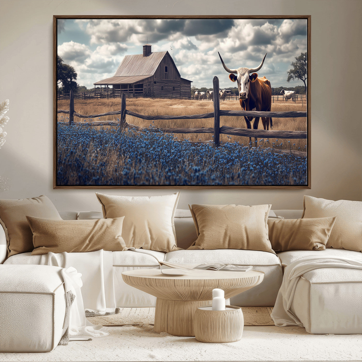 51092814-MGV-CV-36X24-Texas Longhorn Wall Art Wall Art Canvas Print, Framed Rustic Barn Canvas Art Picture Print, Farmhouse Cow Decor Perfect Rustic