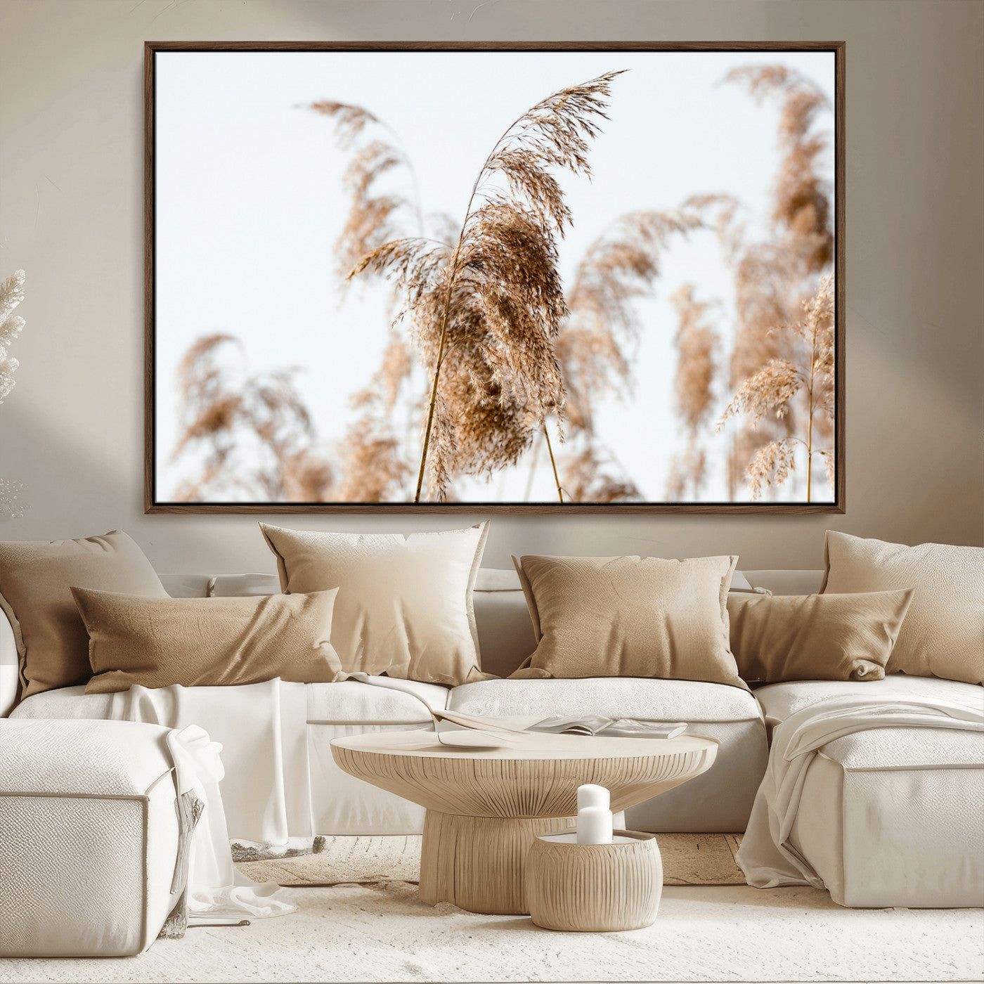 17019393-MGV-CV-36X24-Pampas Grass Wall Art Canvas Print, Framed Neutral Tones Art Picture Print, Minimalist Nature Perfect Boho Minimalist Decor