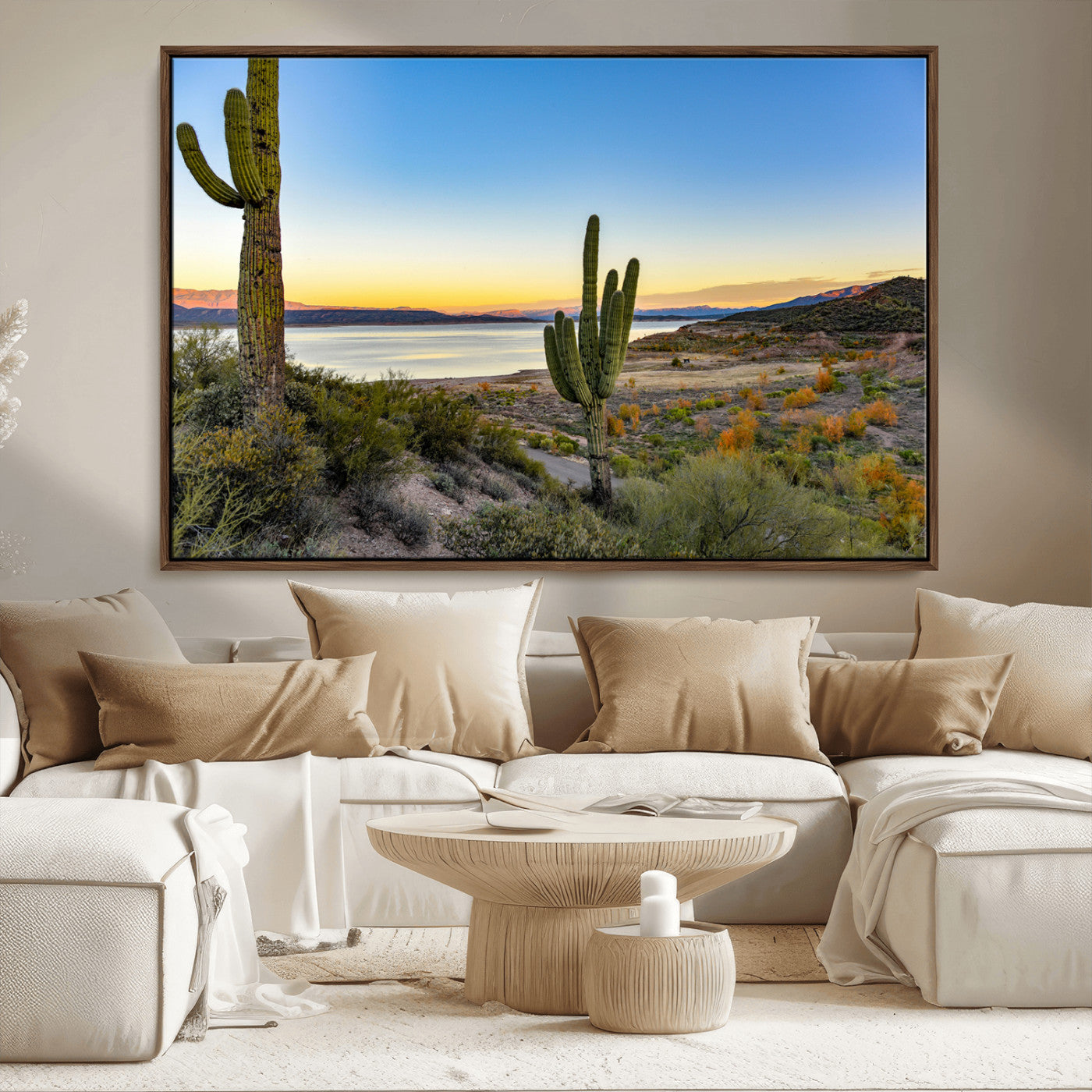 52844711-MGV-CV-36X24-Saguaro Cactus Wall Art Canvas Print, Framed Desert Sunset Art Picture Print, Southwestern Scene Perfect Southwestern Rustic Decor
