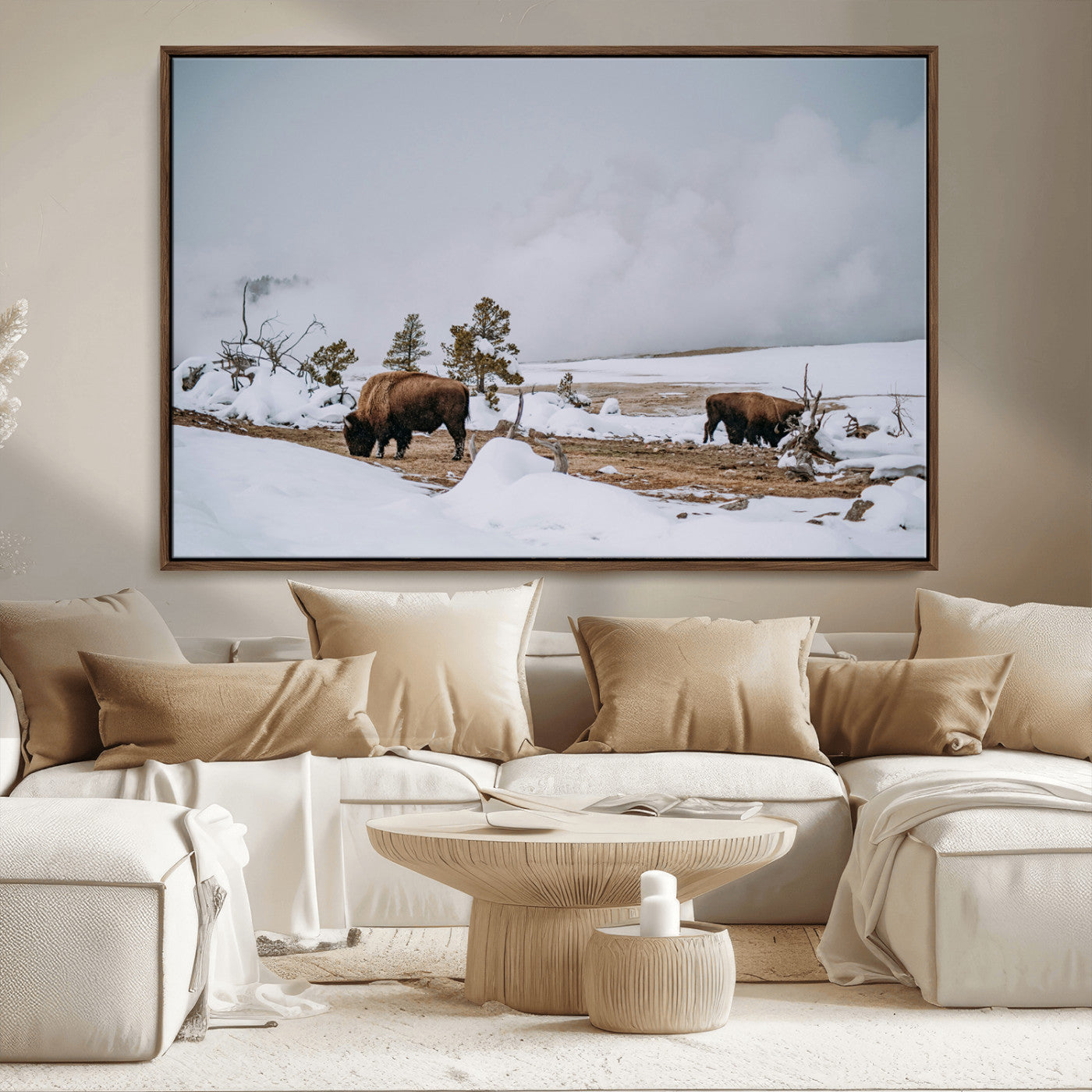60308289-MGV-FC-36X24_Walnut-Bison Wildlife Wall Art Canvas Print, Framed Snowy Prairie Art Picture Print, Western Landscape Perfect Rustic Winter Decor