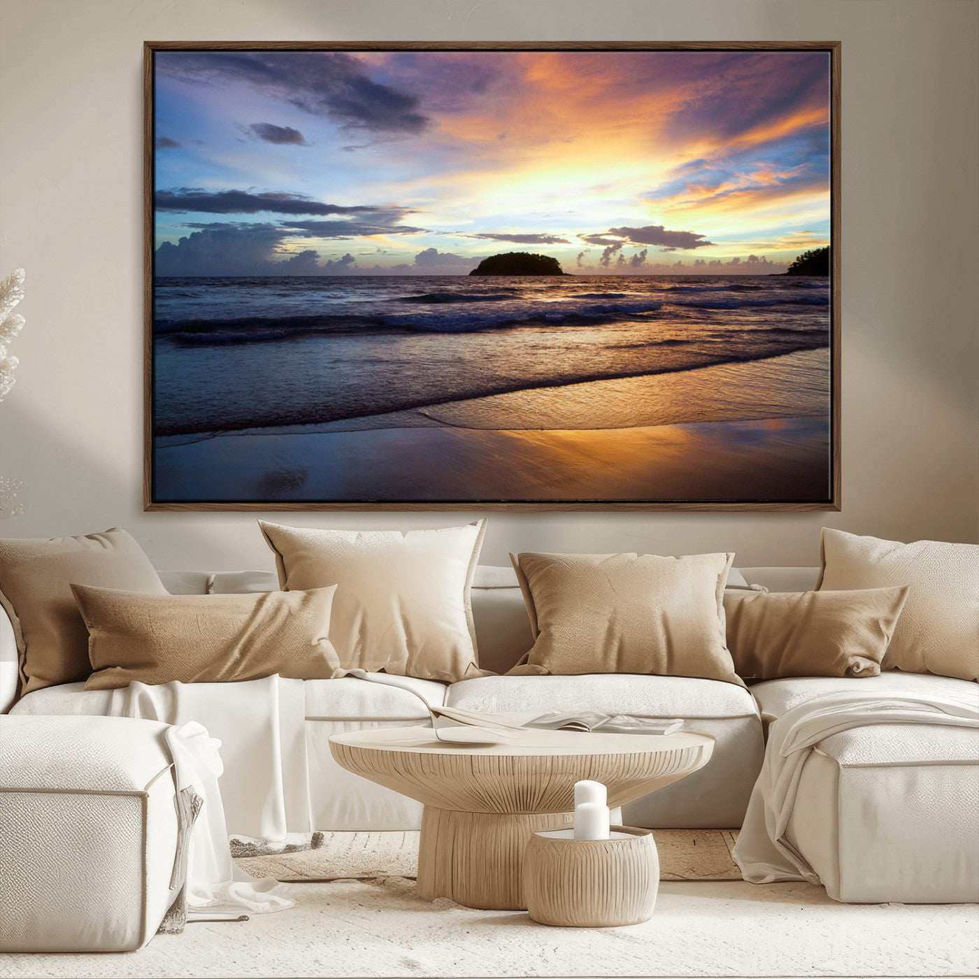 36714356-MGV-CV-36X24-Beach Sunset Wall Art Canvas Print, Framed Ocean Waves Art Picture Print, Tropical Seascape Perfect Coastal Serenity Decor Artwork