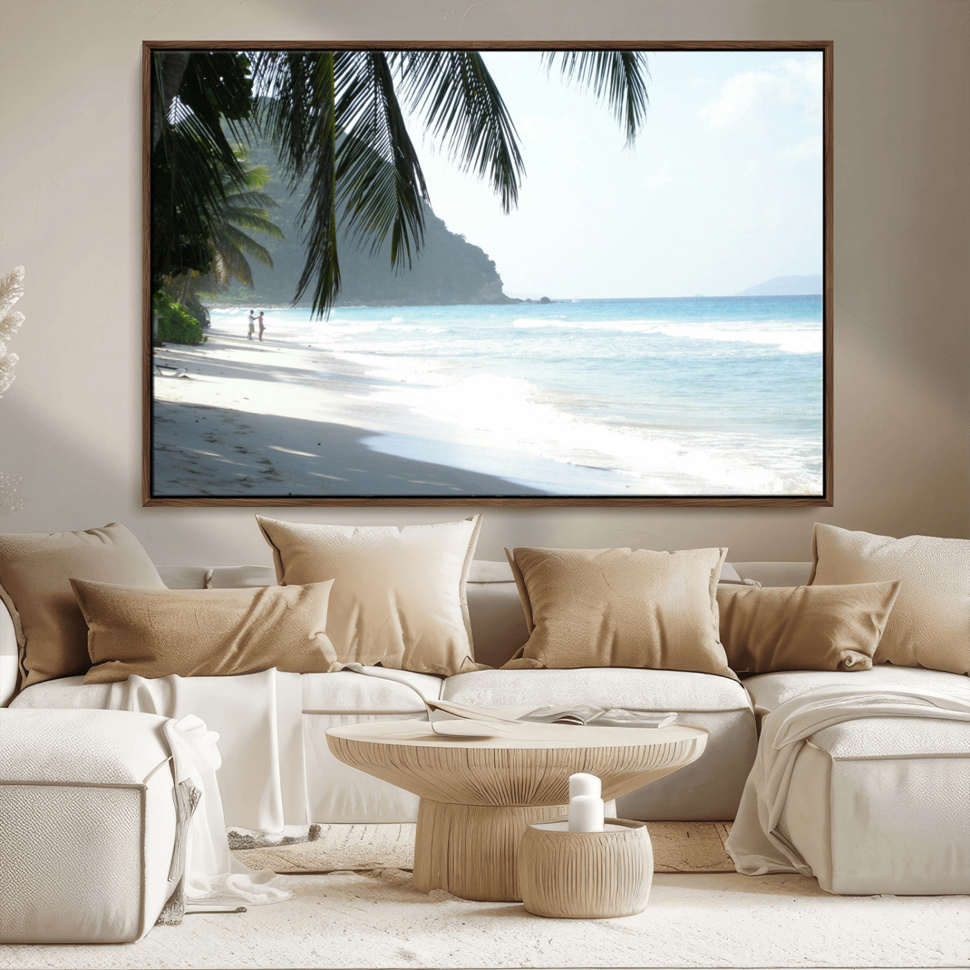 18311030-MGV-CV-36X24-Tropical Beach Wall Art Canvas Print, Framed Serene Ocean Art Picture Print, Palm Tree Shadows Perfect Tropical Coastal Decor