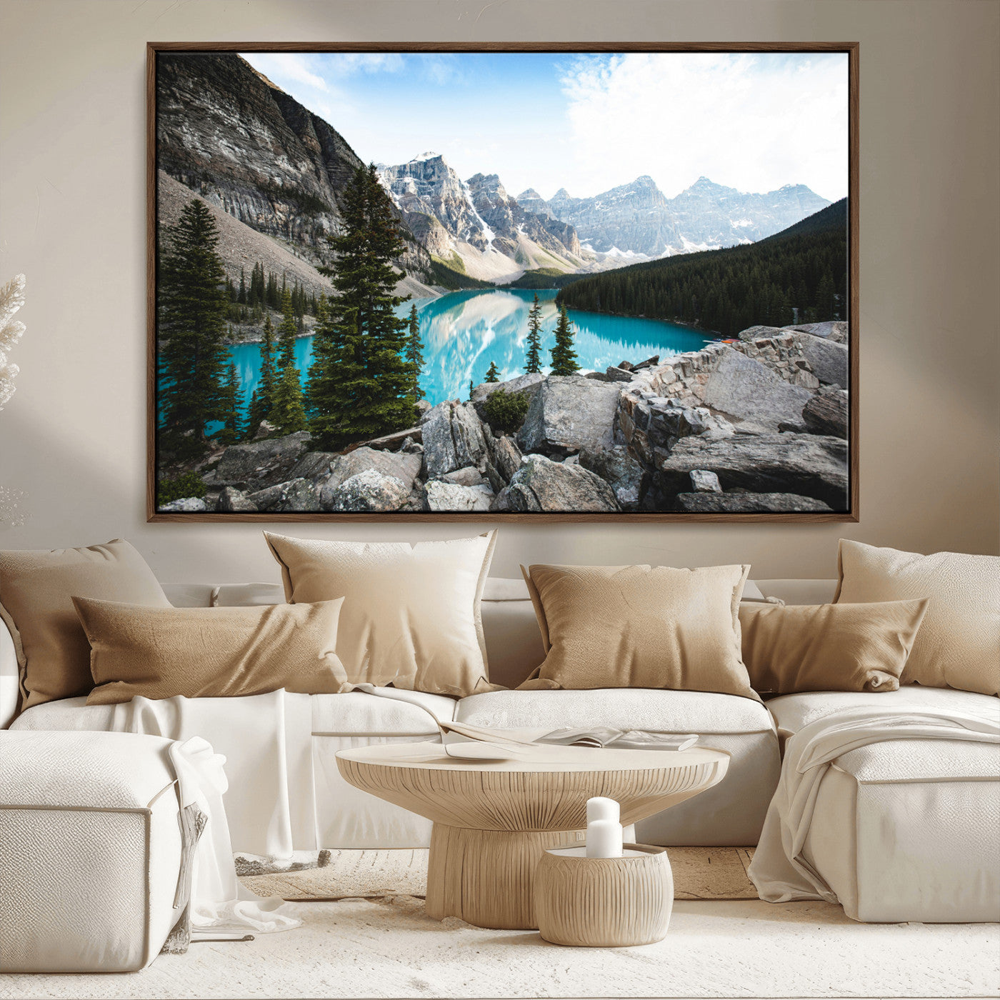98014896-MGV-FC-36X24_Walnut-Canadian Rockies Wall Art Canvas Print, Framed Mountain Landscape Art Picture Print, Turquoise Water Perfect Scandinavian
